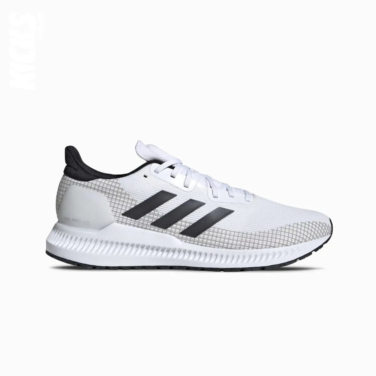 A white Adidas Solar Blaze replacement shoe lace with black stripes on the side.