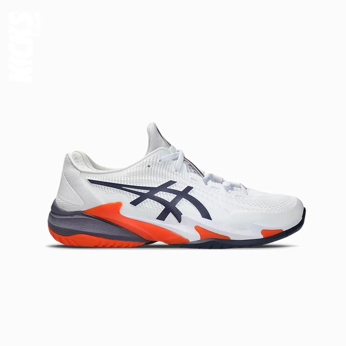 A pair of Asics COURT FF 3 athletic shoes with white laces, featuring a white base with orange and navy accents.