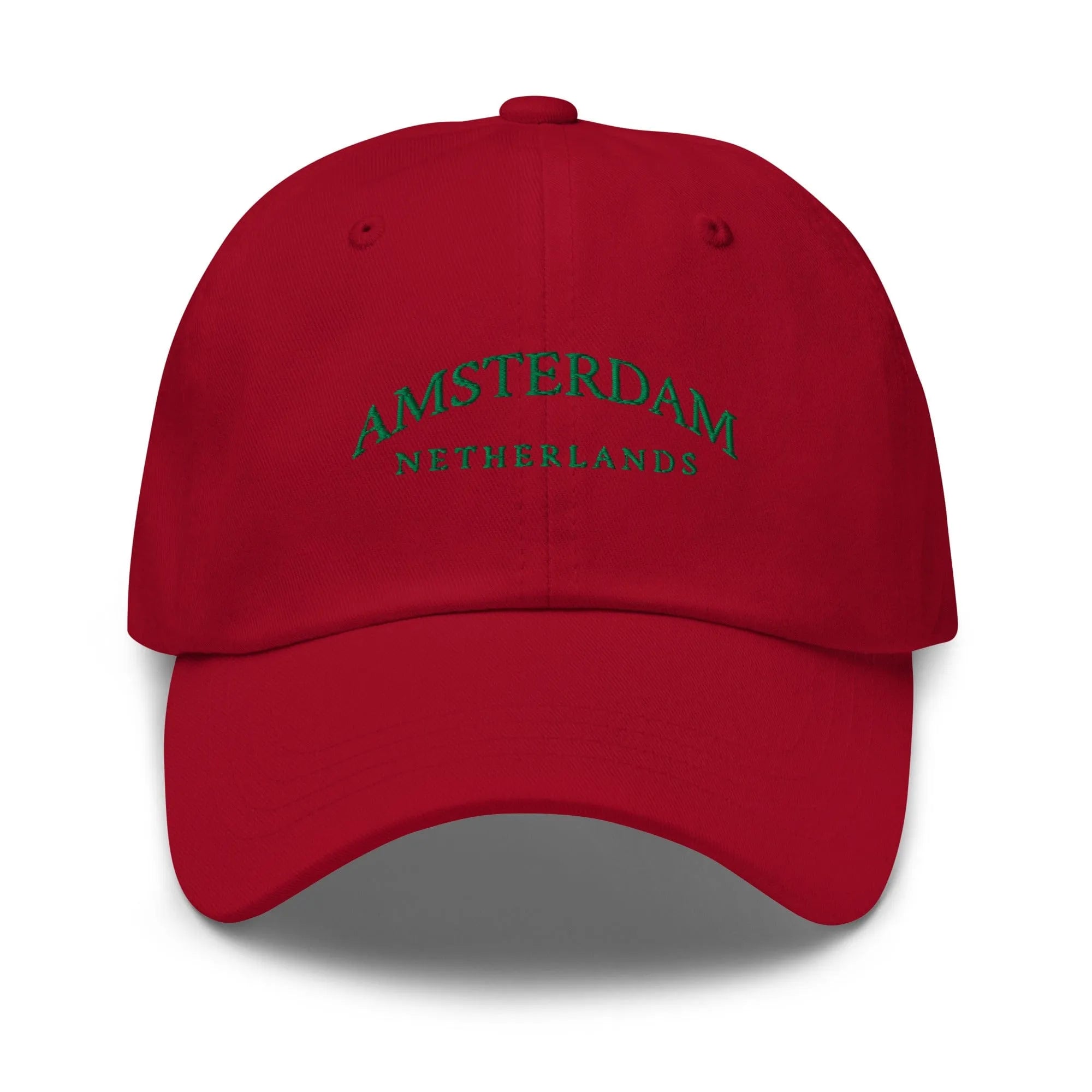 Red Dad Hat featuring Amsterdam embroidery - a sleek and versatile casual hat for urban adventures and relaxed outing.
