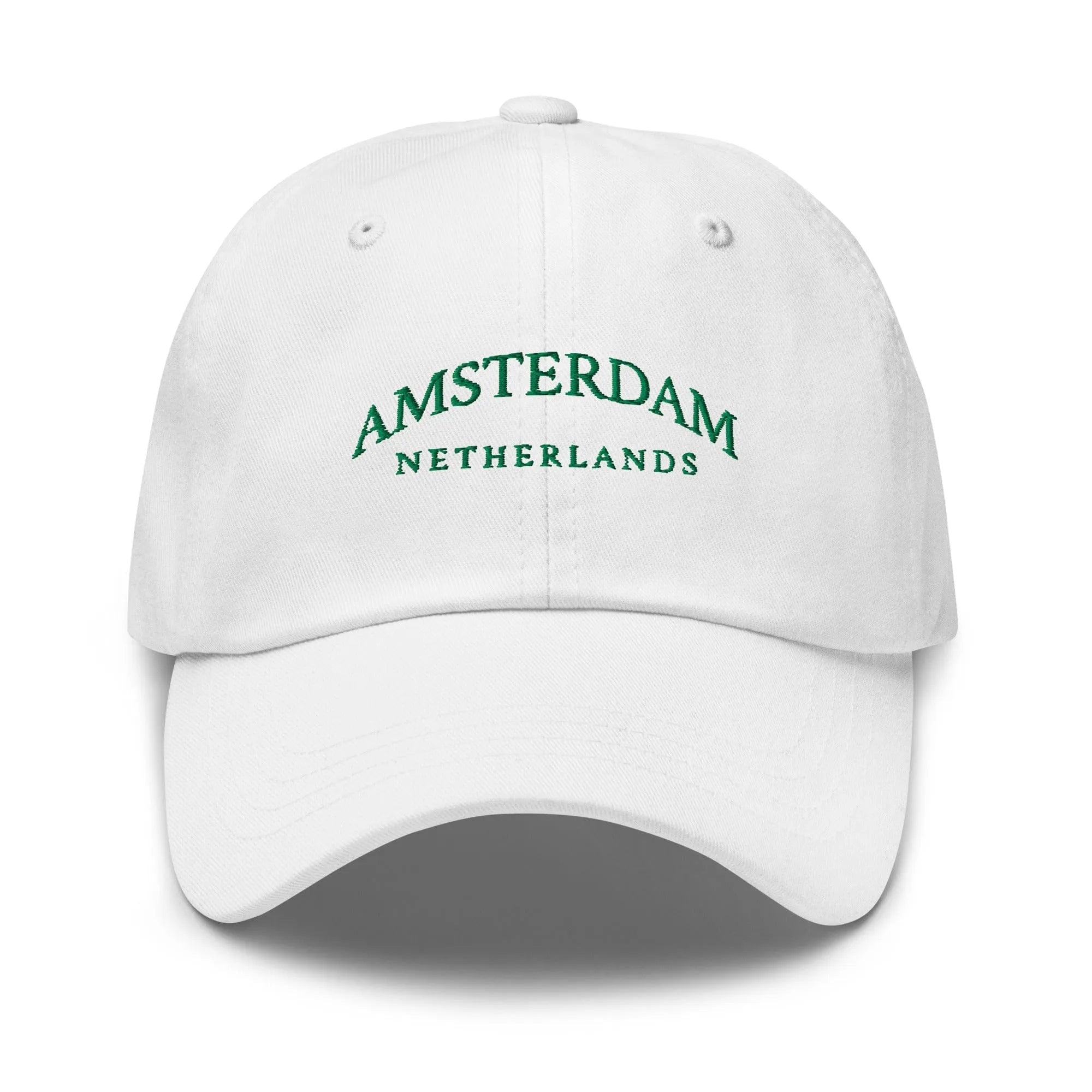 White Dad Hat featuring Amsterdam embroidery - a sleek and versatile casual hat for urban adventures and relaxed outing.