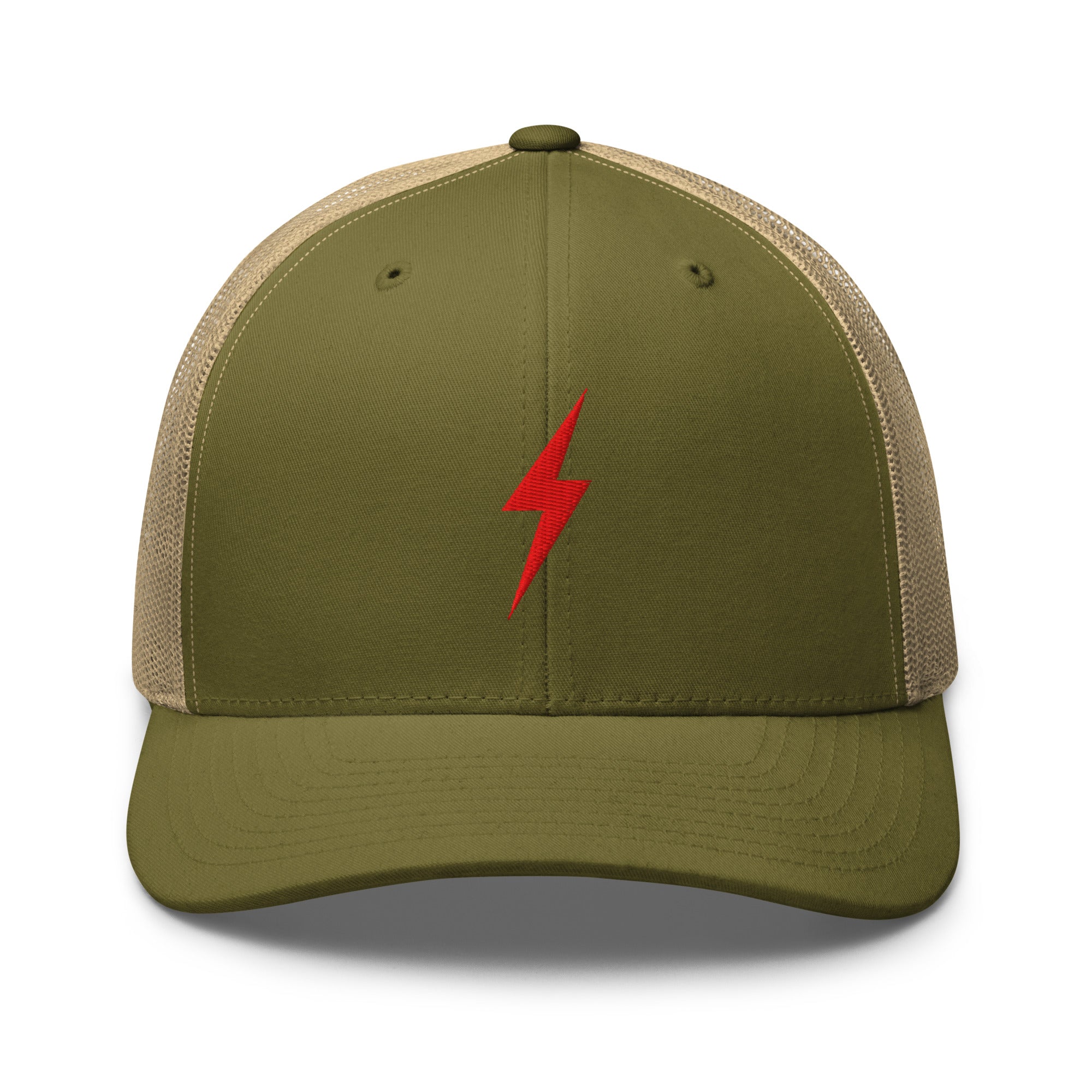 Army green trucker hat with a red lightning bolt design on front panel