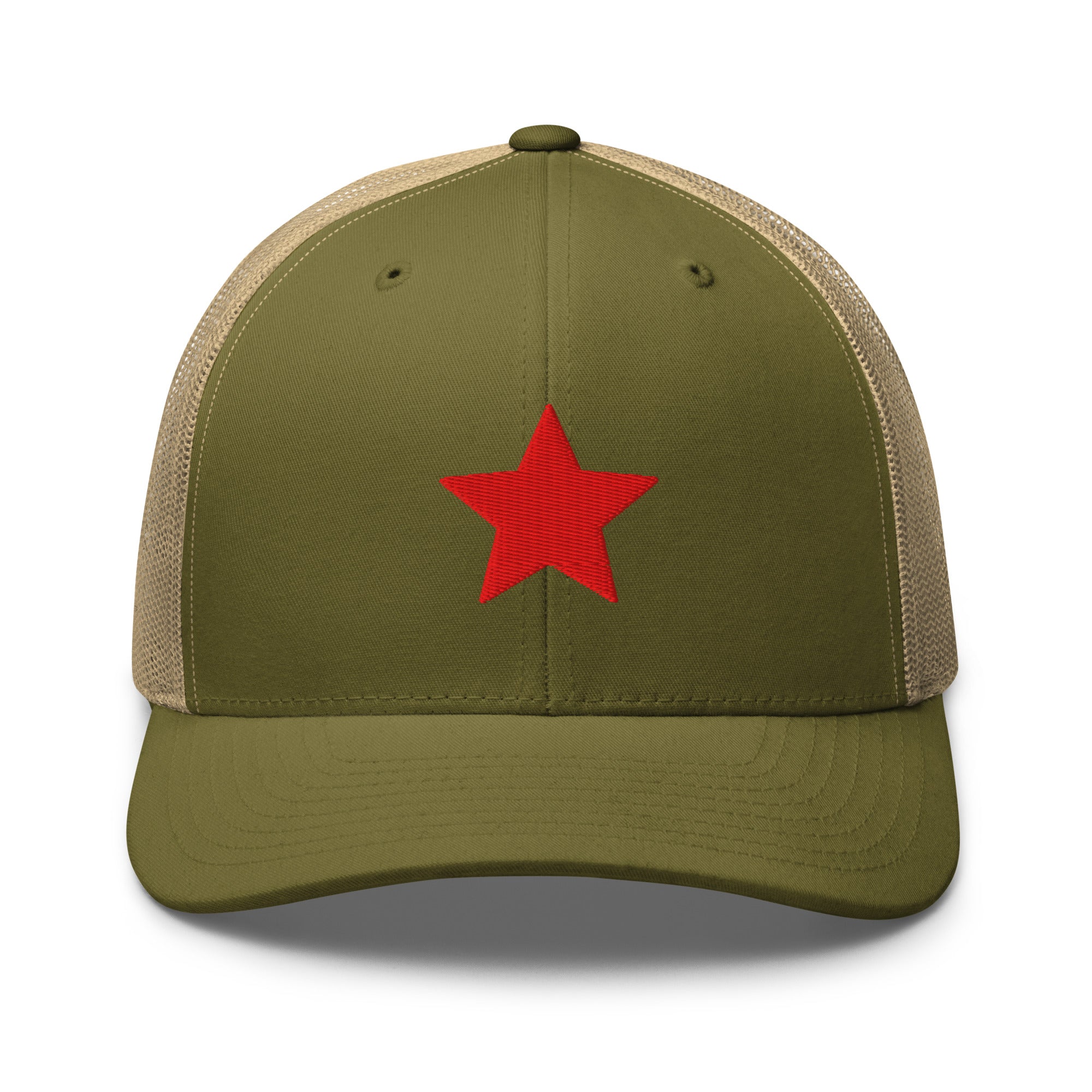 Army green truckers hat with an embroidered red star, structured front, mesh back, and adjustable fit by Kicks Shoelaces