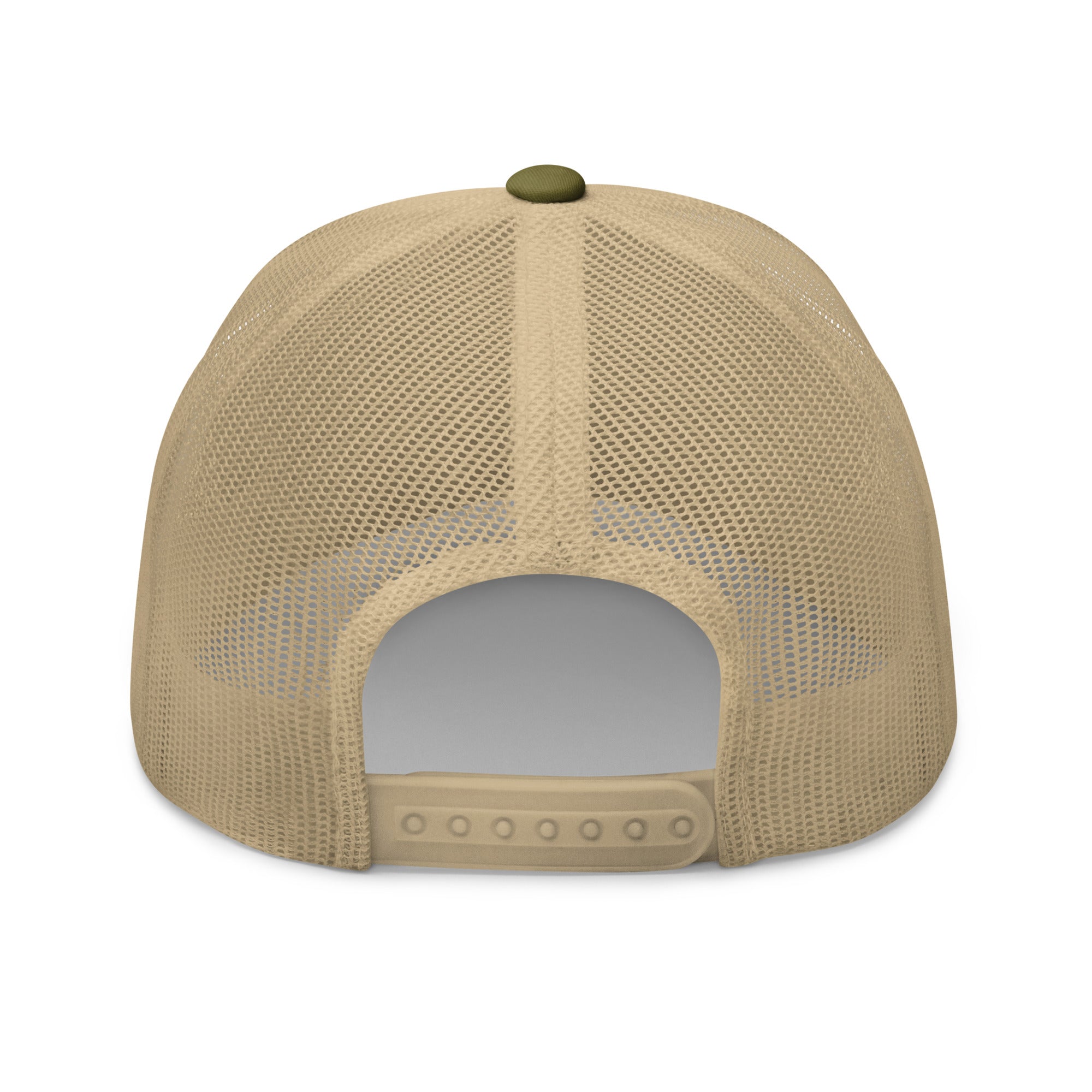 Rear view of army green truckers hat with adjustable snapback closure
