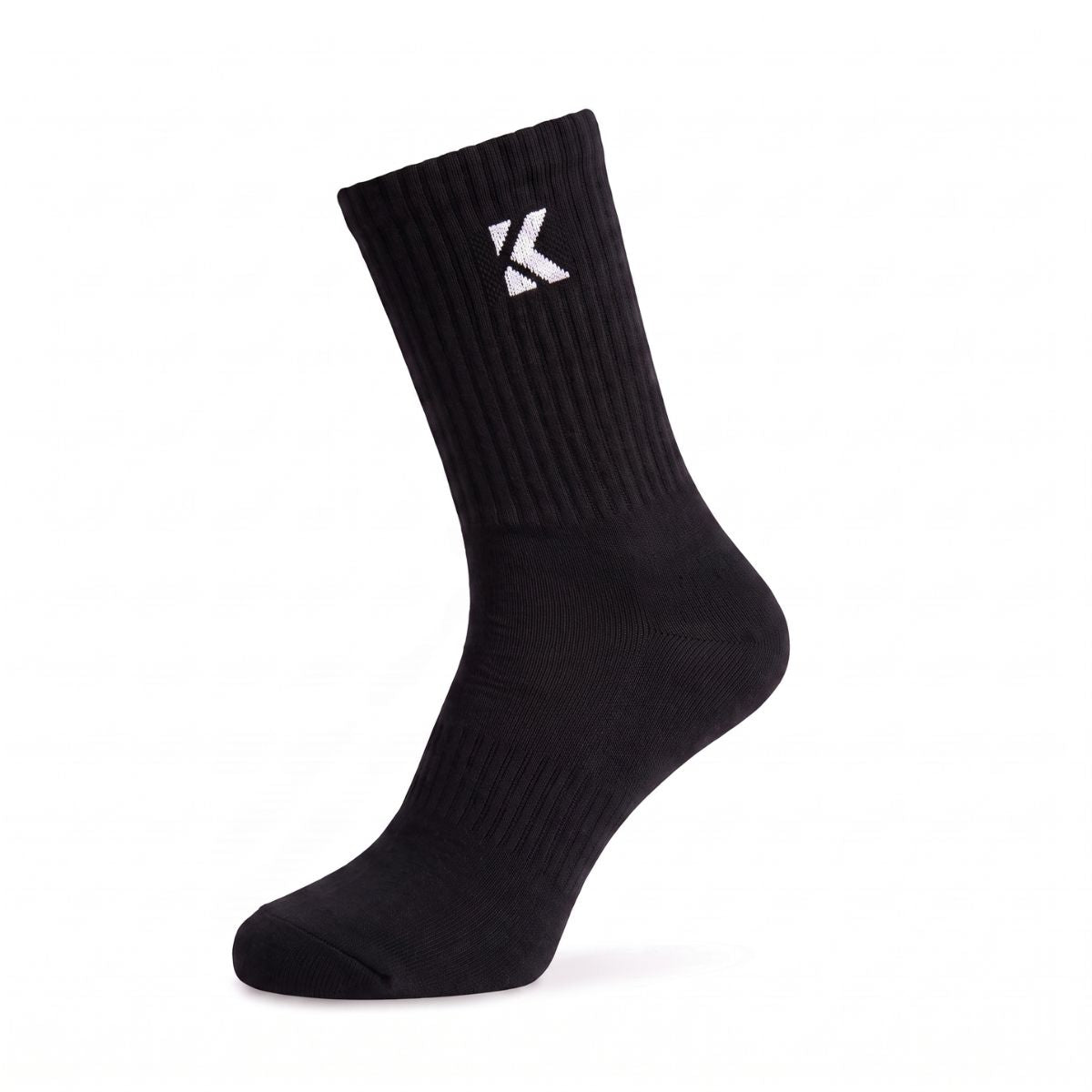 Black crew sock front view featuring a cushioned sole and ribbed crew leg