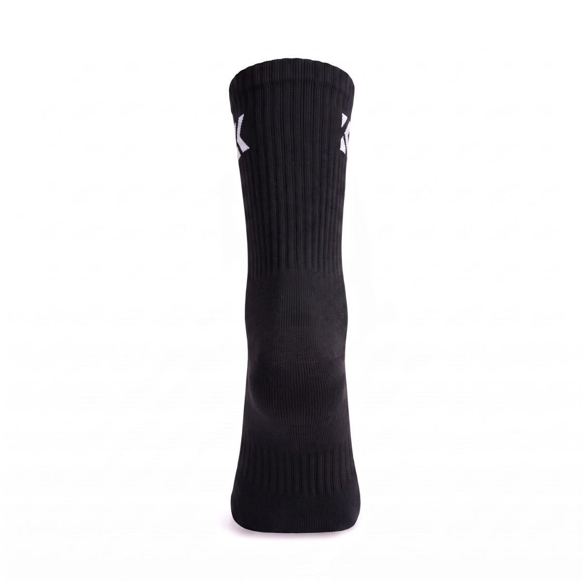 Rear view of a black crew sock showing the ribbed crew leg and jacquard knit logo.