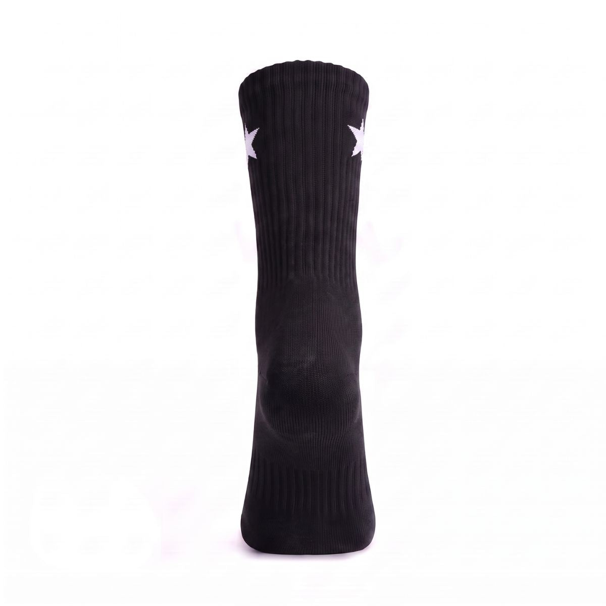 Rear view of Black Crew Socks highlighting the ribbed crew leg and cushioned construction.