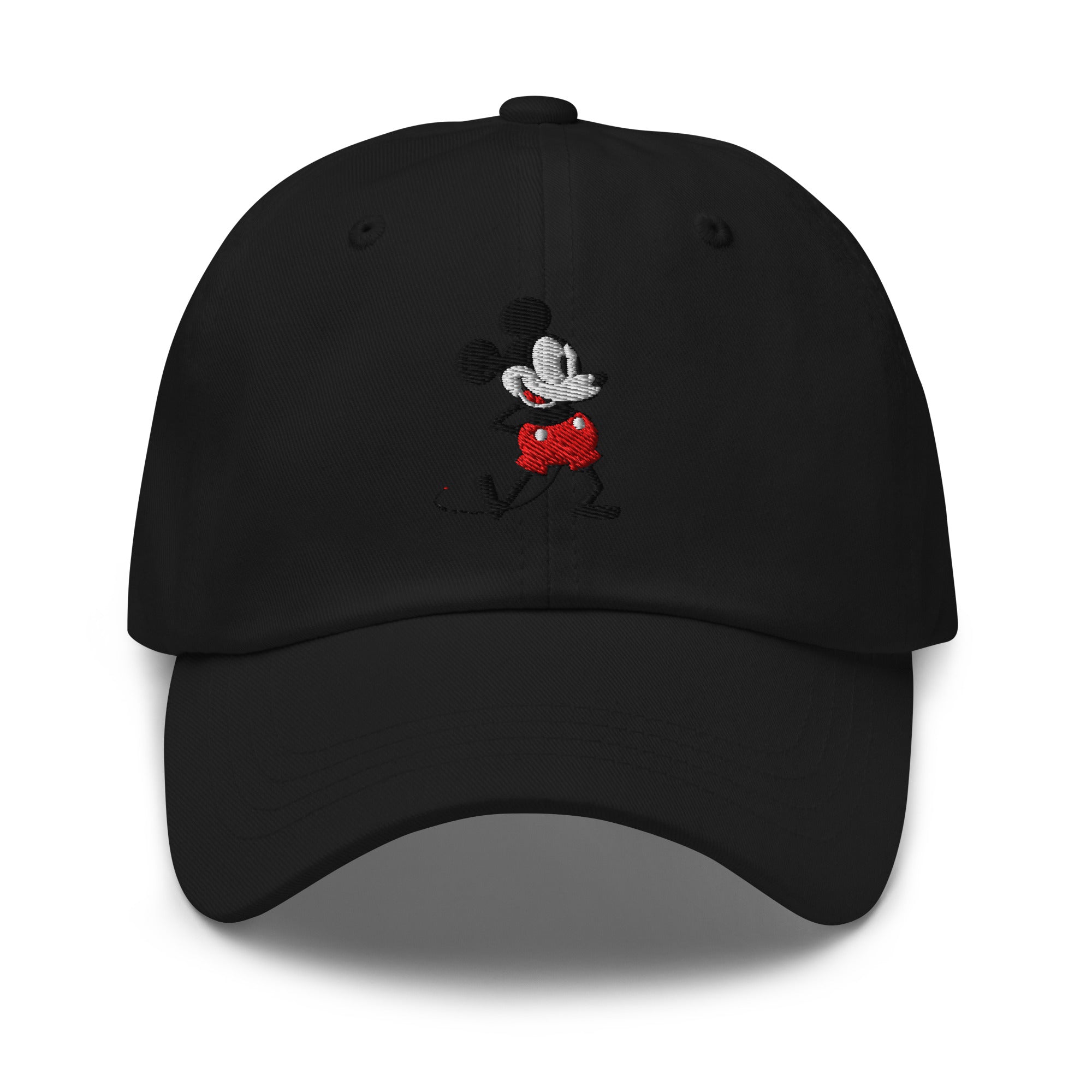 Black dad hat with a 1928 Mickey Mouse embroidered cartoon character.