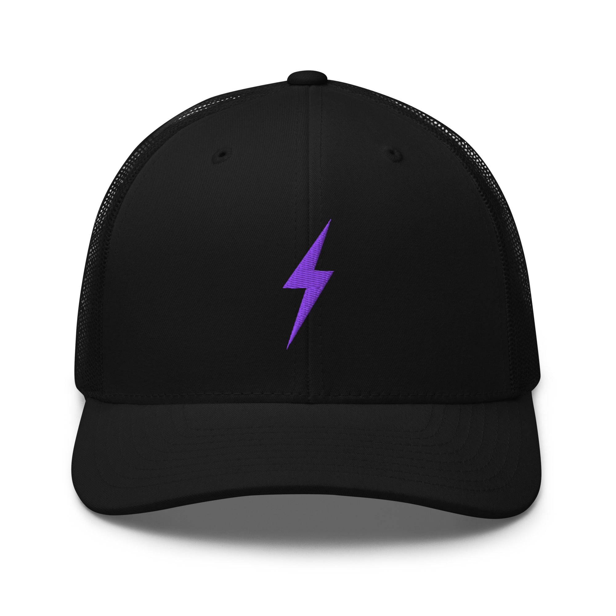 Black trucker hat with an embroidered purple lightning bolt design on front panel.