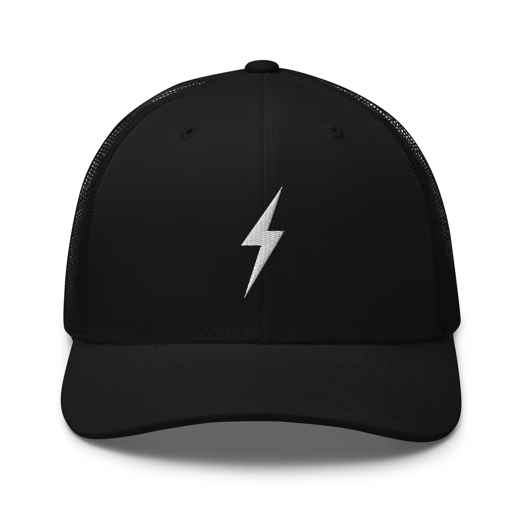 Black trucker hat with an embroidered white lightning bolt design on front panel.