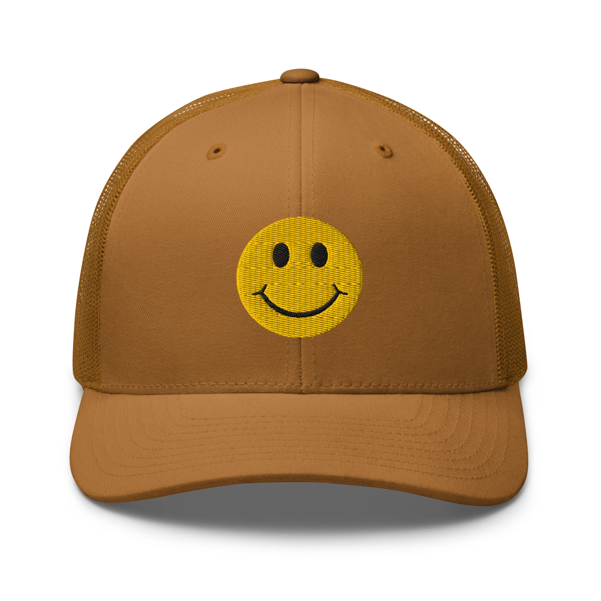 Caramel smiley face embroidered trucker hat with adjustable mesh back, perfect for casual wear and streetwear style.