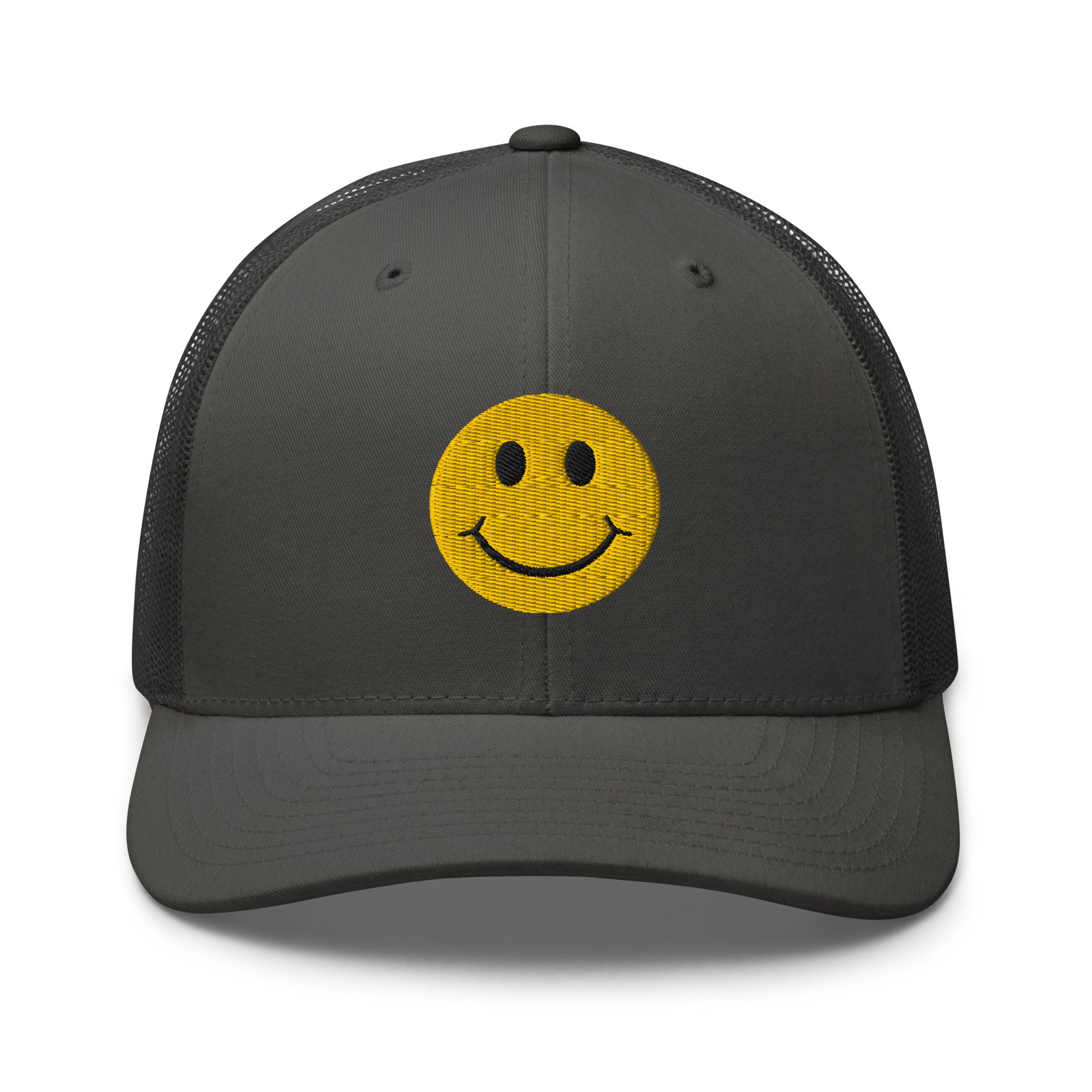 Charcoal smiley face embroidered trucker hat with adjustable mesh back, perfect for casual wear and streetwear style.