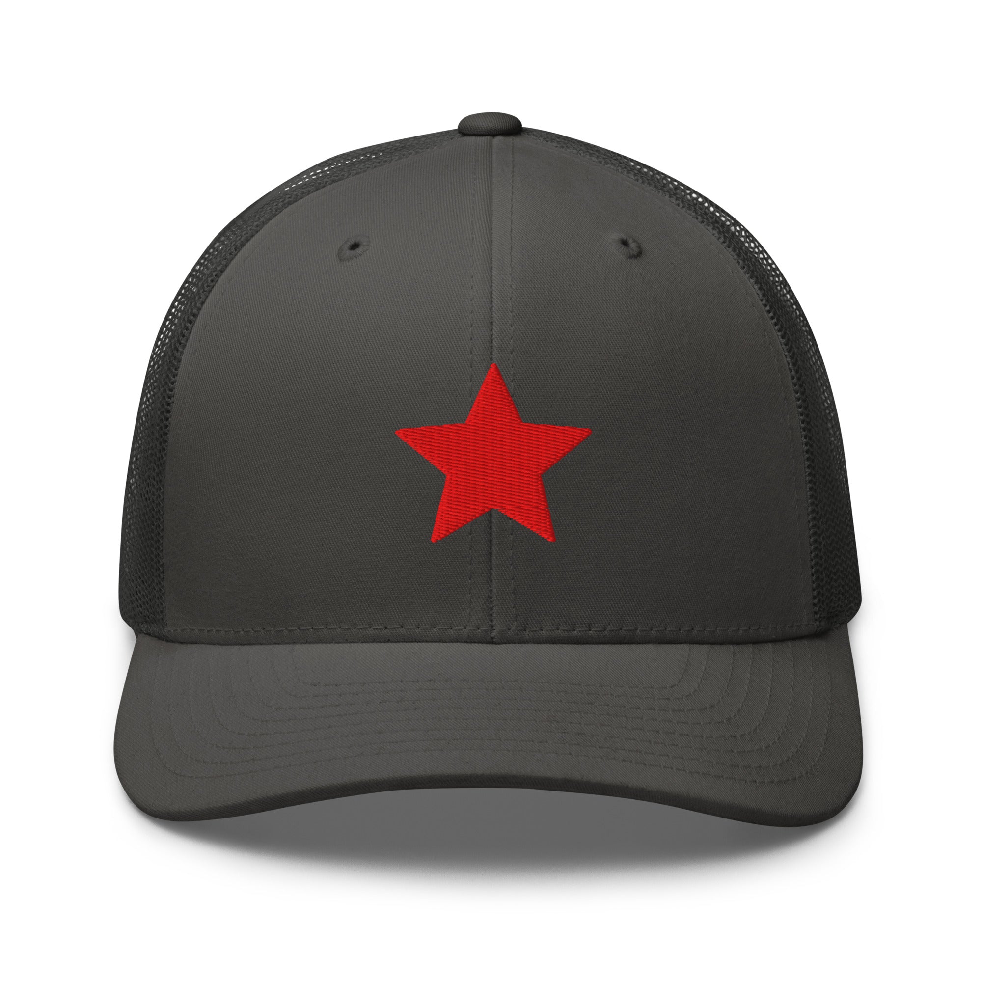Charcoal truckers hat with an embroidered red star, structured front, mesh back, and adjustable fit by Kicks Shoelaces
