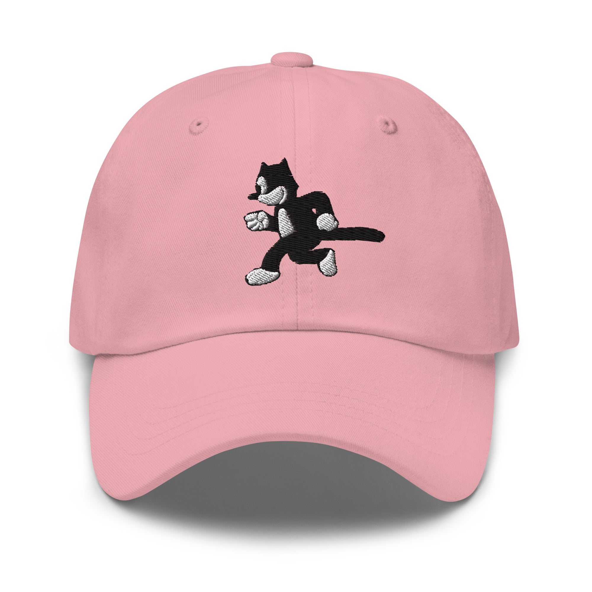 Pink dad hat featuring a 1925 Julius the Cat design from Disney’s early animation era