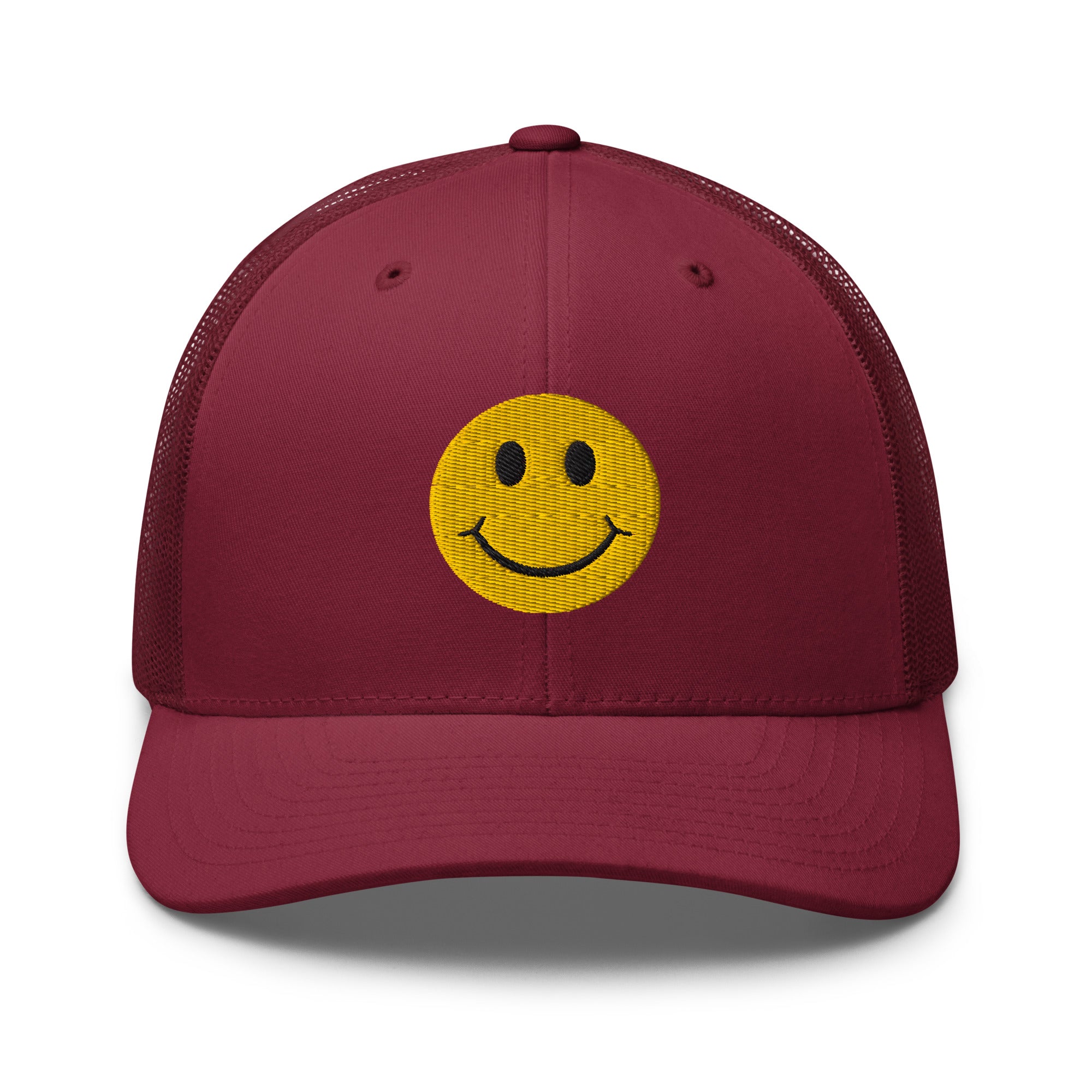 Cranberry smiley face embroidered trucker hat with adjustable mesh back, perfect for casual wear and streetwear style.