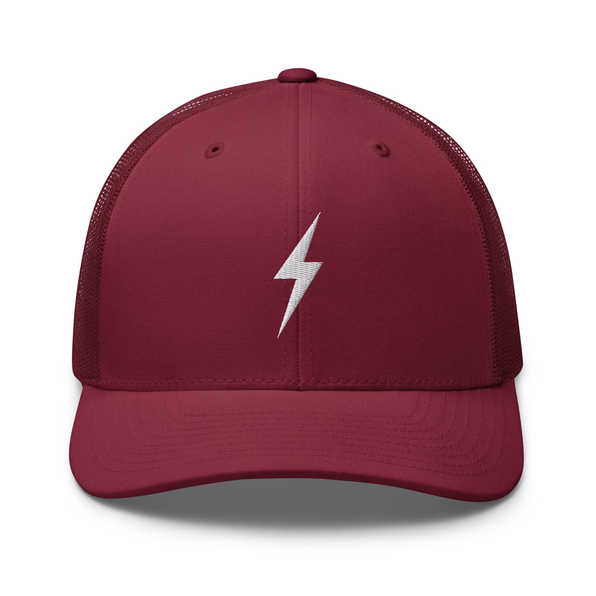 Cranberry trucker hat with an embroidered white lightning bolt design on the front panel