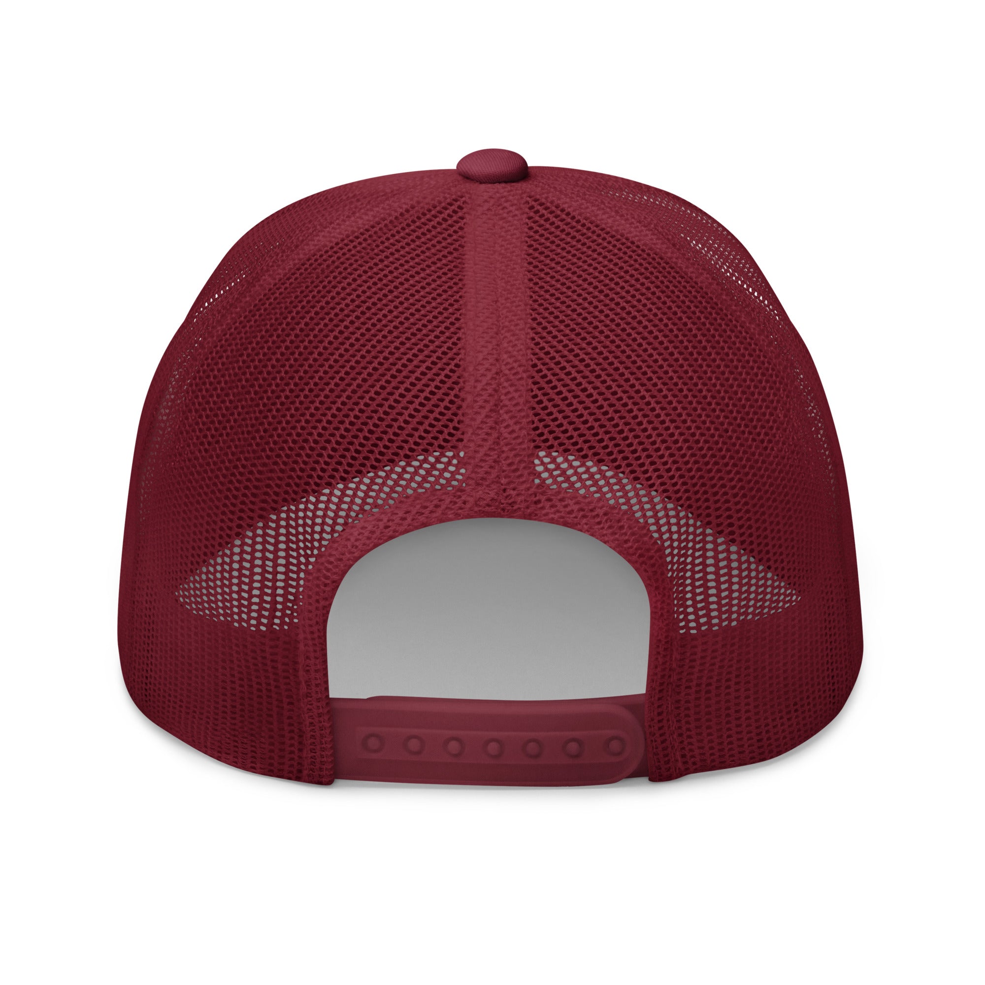 Rear view of cranberry truckers cap with black star, adjustable snapback closure