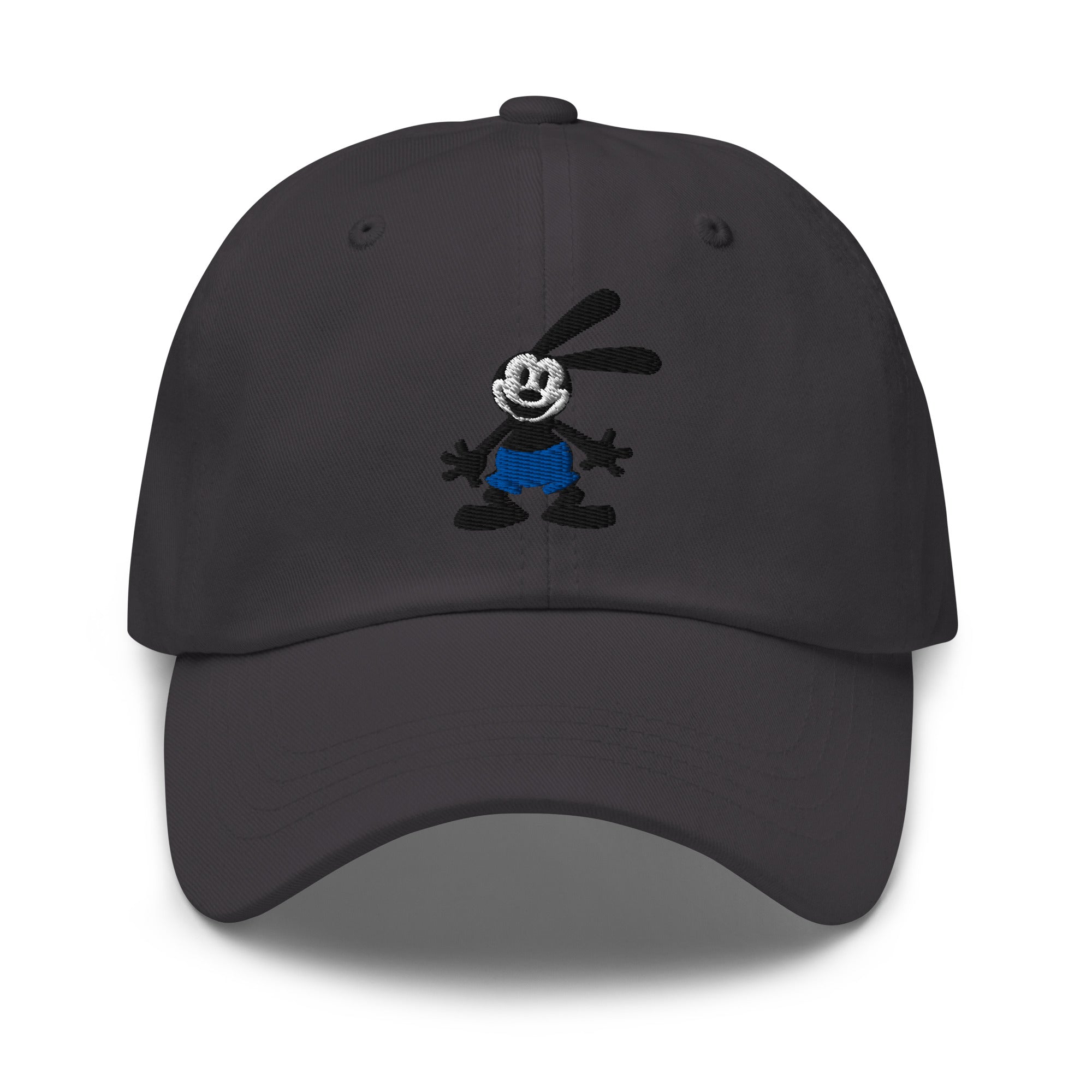 Dark grey dad hat featuring a 1928 Oswald design from Disney’s early animation era