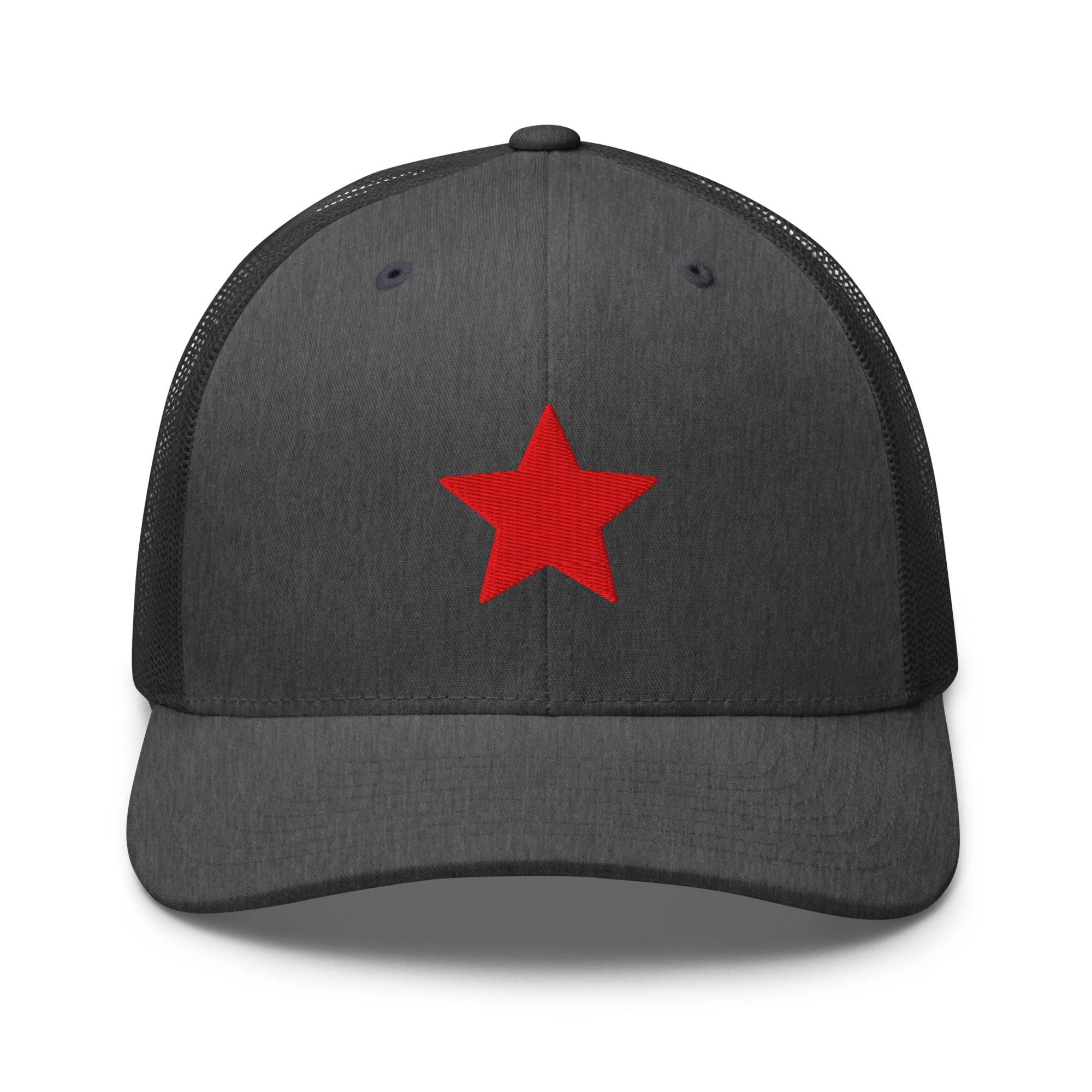 Dark grey truckers hat with an embroidered red star, structured front, mesh back, and adjustable fit by Kicks Shoelaces