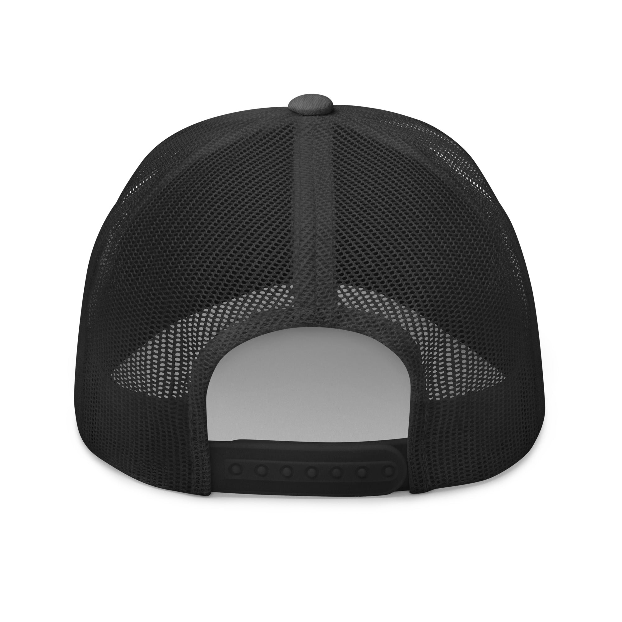 Rear view of dark grey truckers hat with adjustable snapback closure