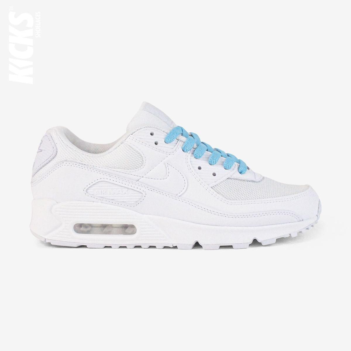 Pastel blue shoelaces on white lifestyle sneakers, a stylish lace upgrade for everyday shoes by Kicks Shoelaces