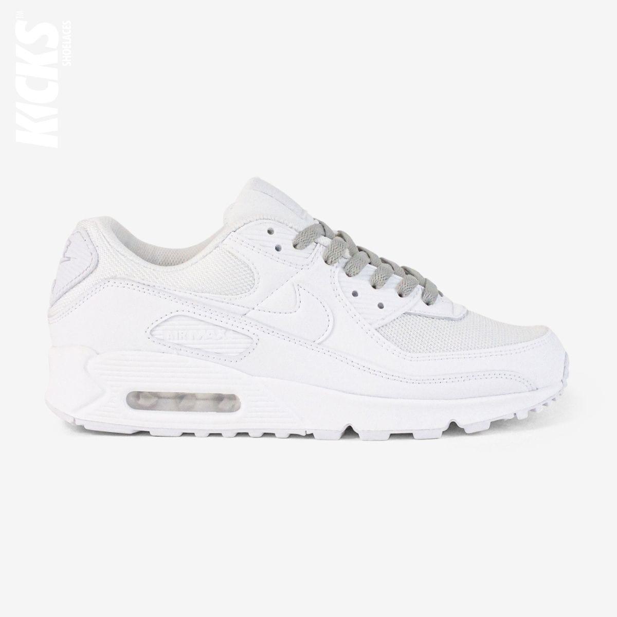 Light grey shoelaces on white lifestyle sneakers, a stylish lace upgrade for everyday shoes by Kicks Shoelaces