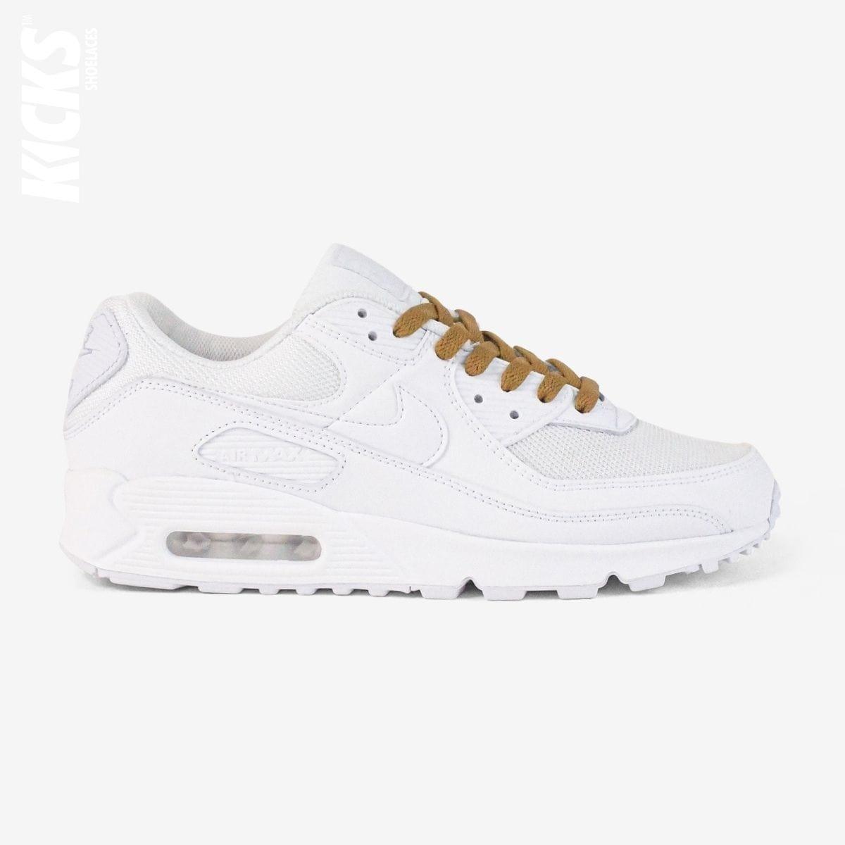 Brown shoelaces on white lifestyle sneakers, a stylish lace upgrade for everyday shoes by Kicks Shoelaces