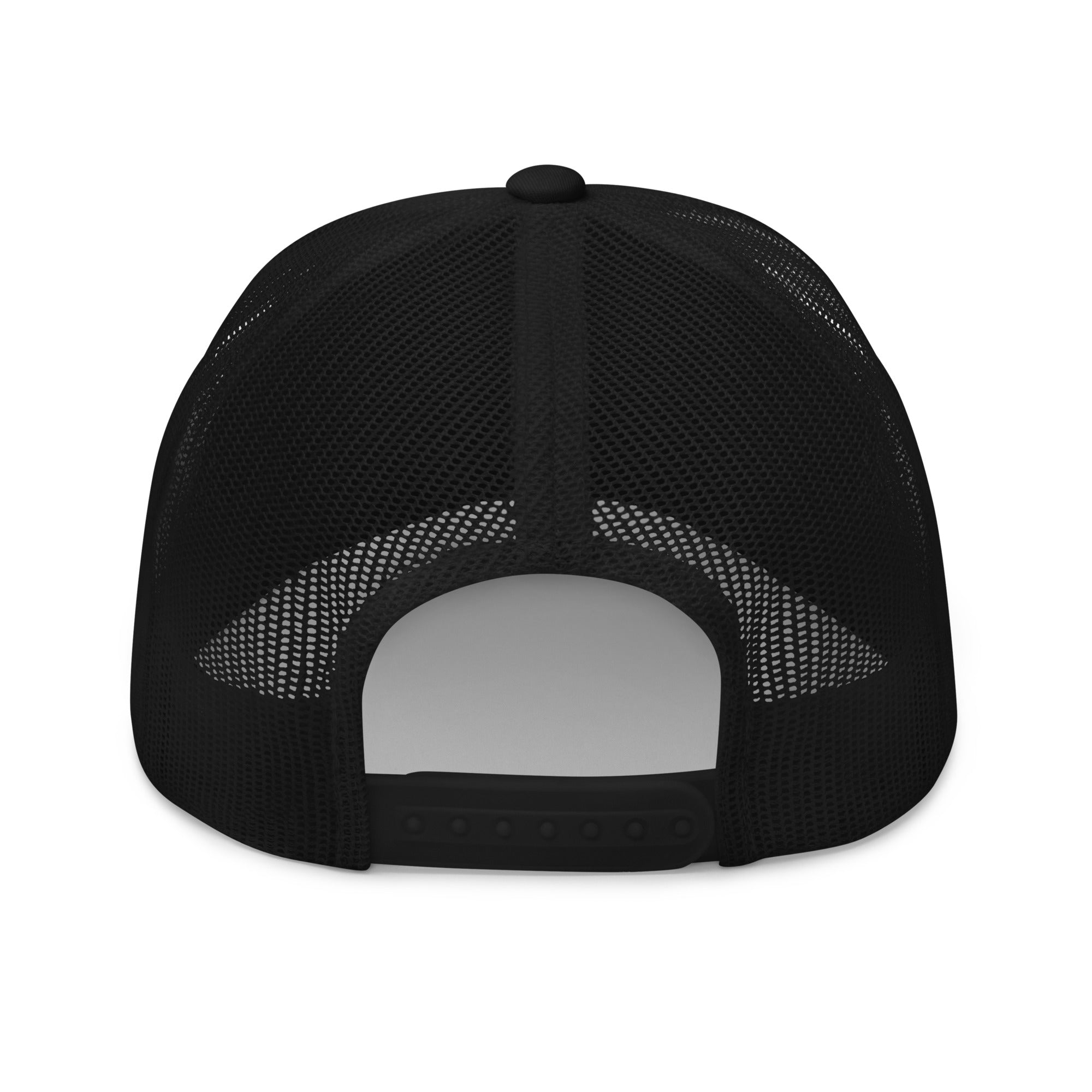 Rear view of Gold Star black Trucker Cap with adjustable snapback closure