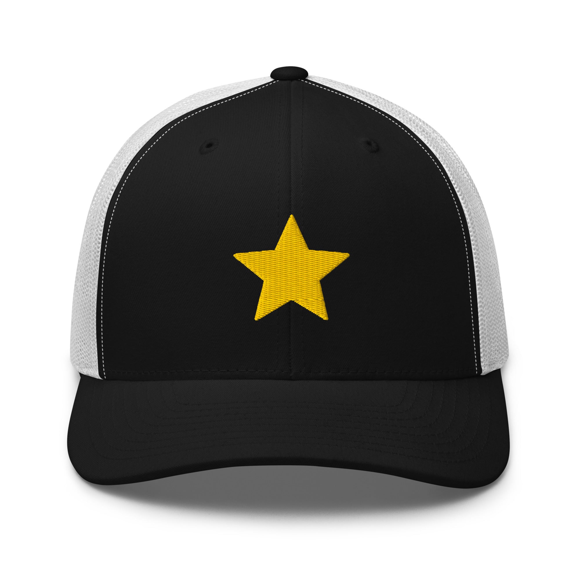 Gold Star black and white Trucker Cap with structured front, mesh back, and embroidered gold star detail by Kicks Shoelaces