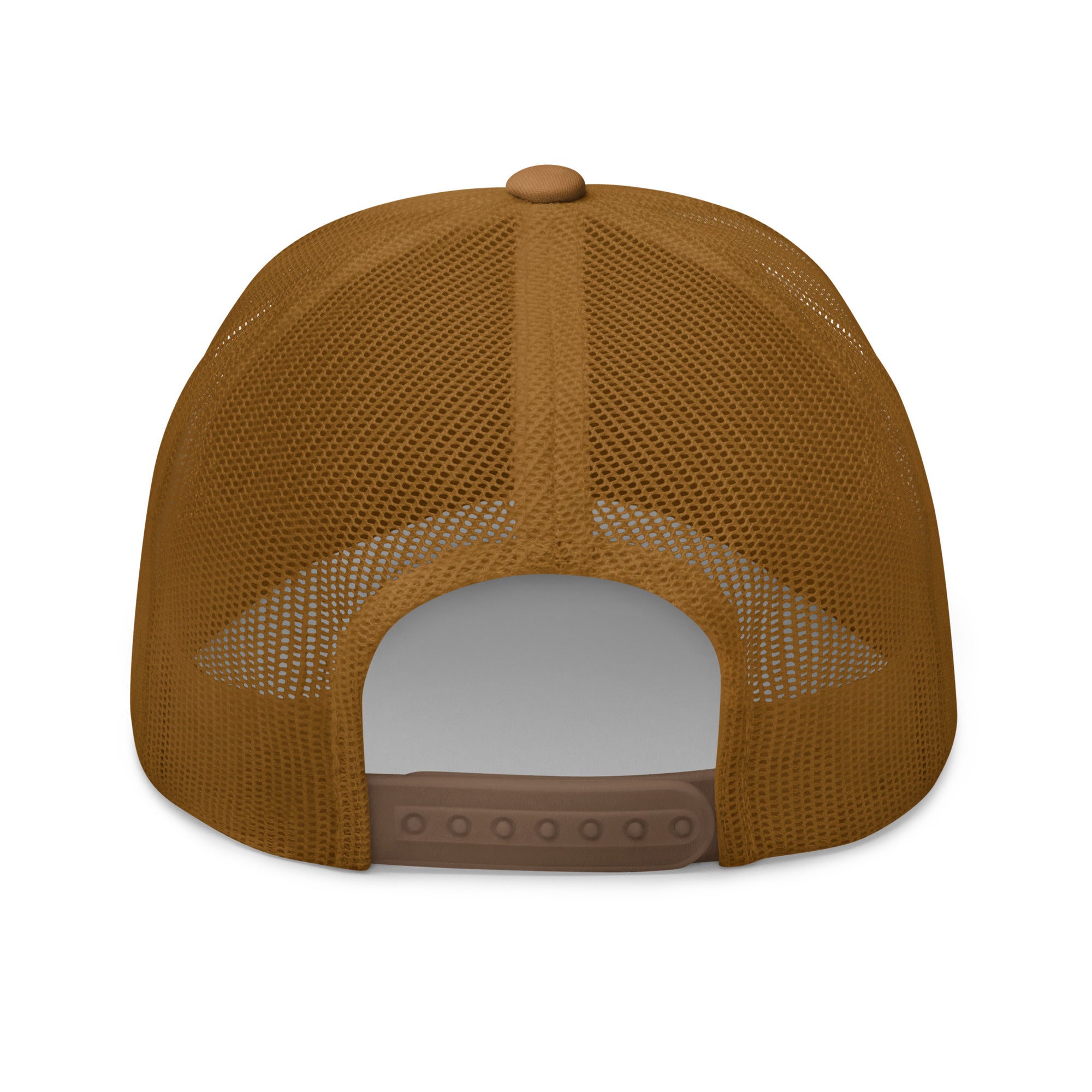 Rear view of Gold Star caramel Trucker Cap with adjustable snapback closure