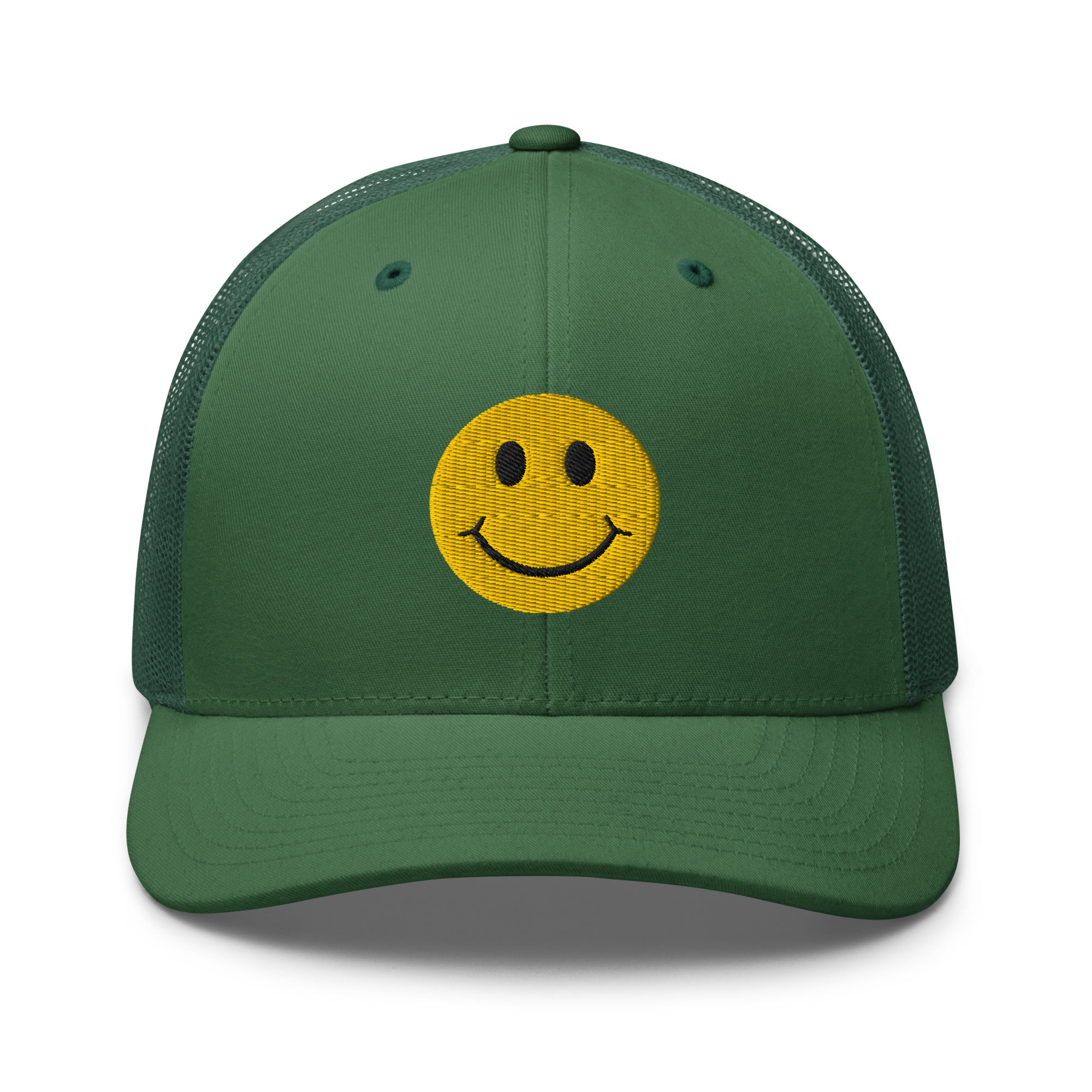 Green smiley face embroidered trucker hat with adjustable mesh back, perfect for casual wear and streetwear style.