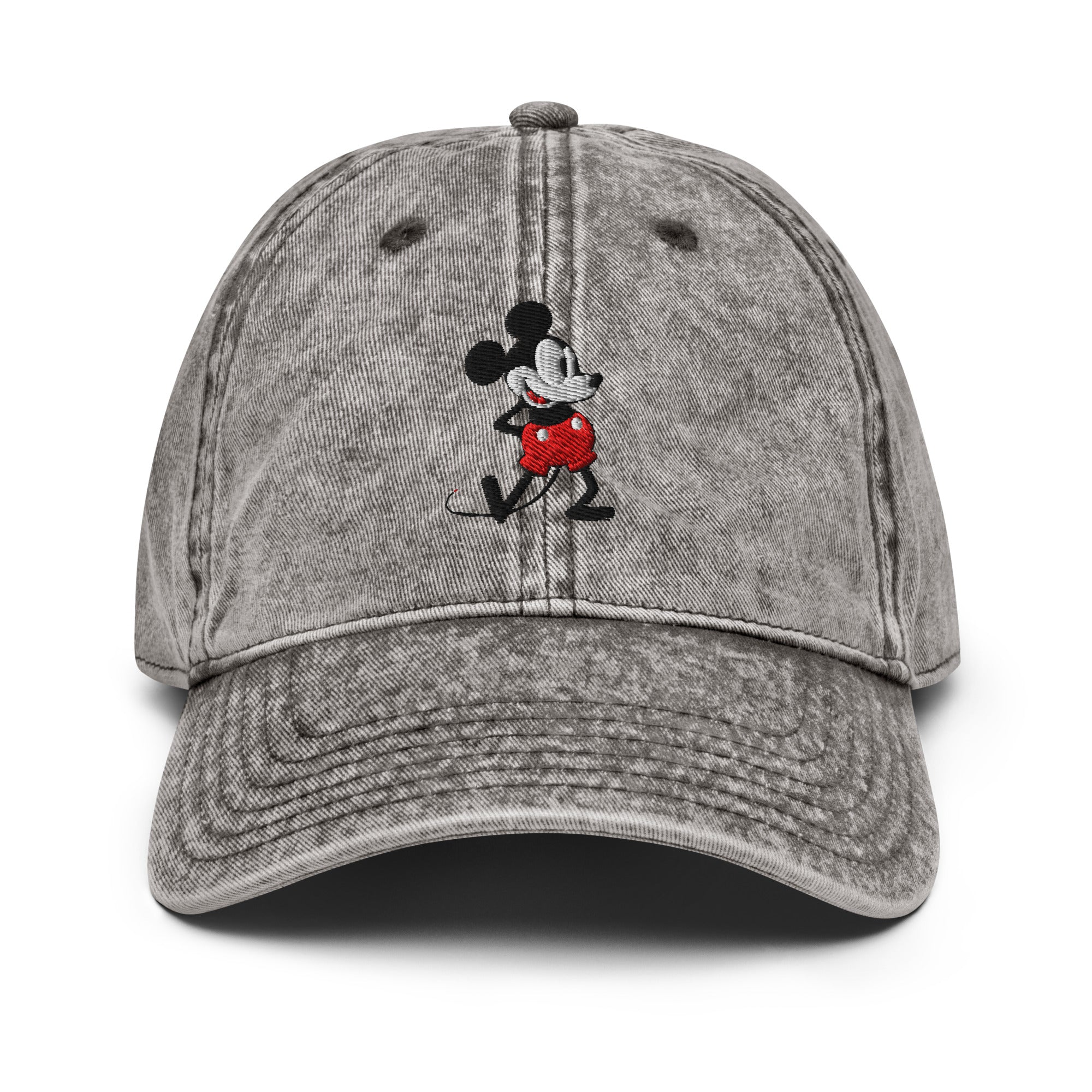 Grey baseball cap with a 1928 Mickey Mouse steamboat willie cartoon character embroidered on it.