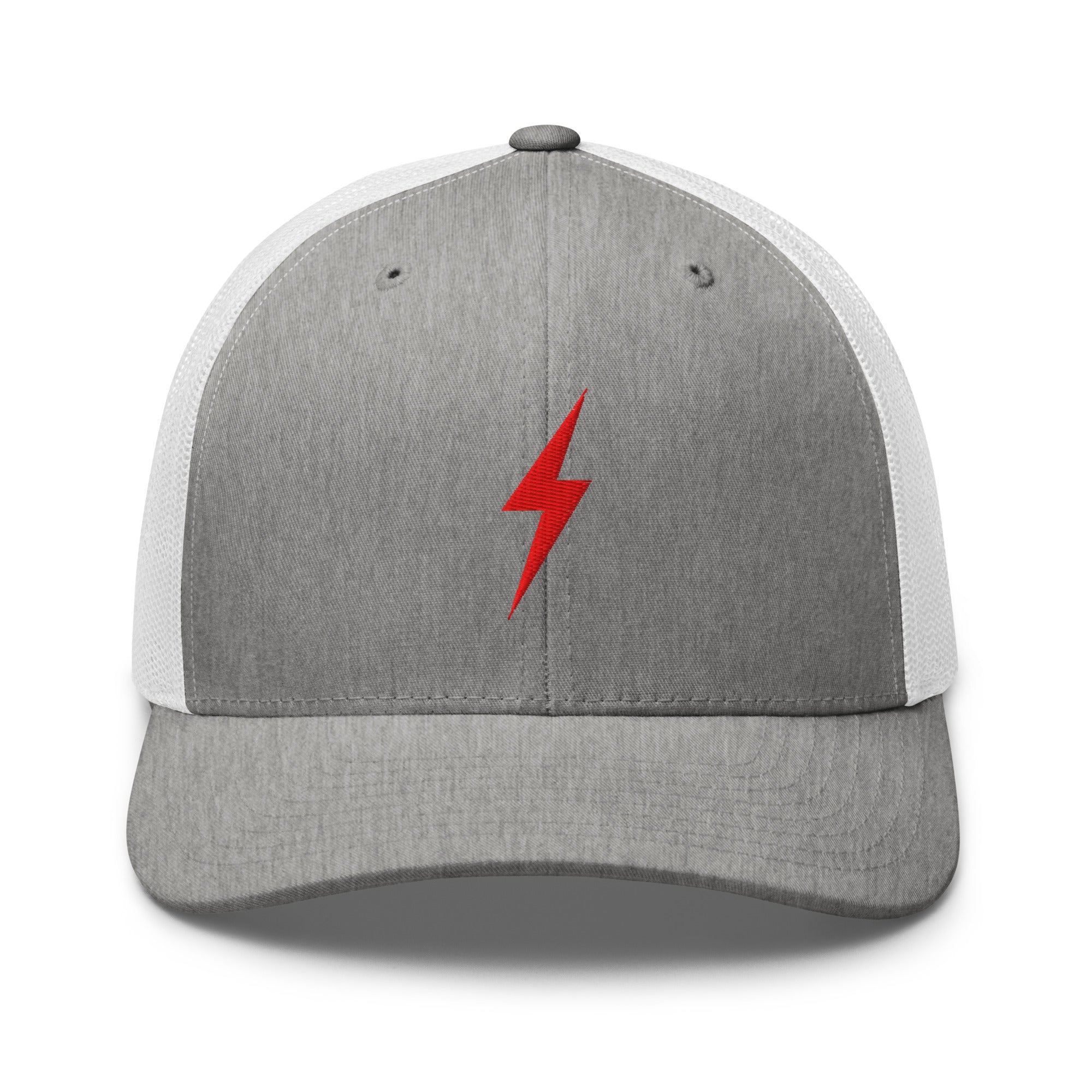 Grey and white trucker hat with a red lightning bolt design on front panel