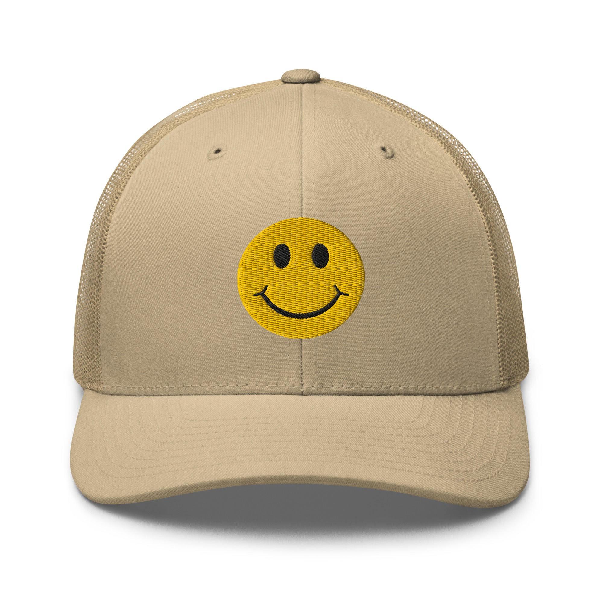 Khaki smiley face embroidered trucker hat with adjustable mesh back, perfect for casual wear and streetwear style.