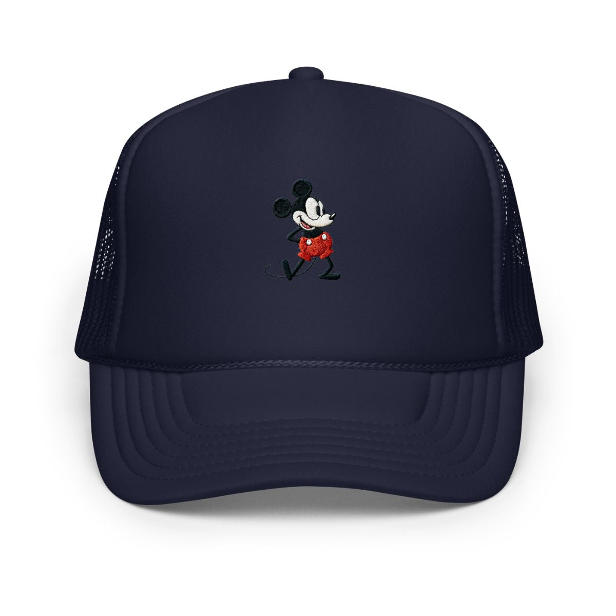 Navy blue foam trucker hat with a 1928 Mickey Mouse cartoon character embroidered on it.
