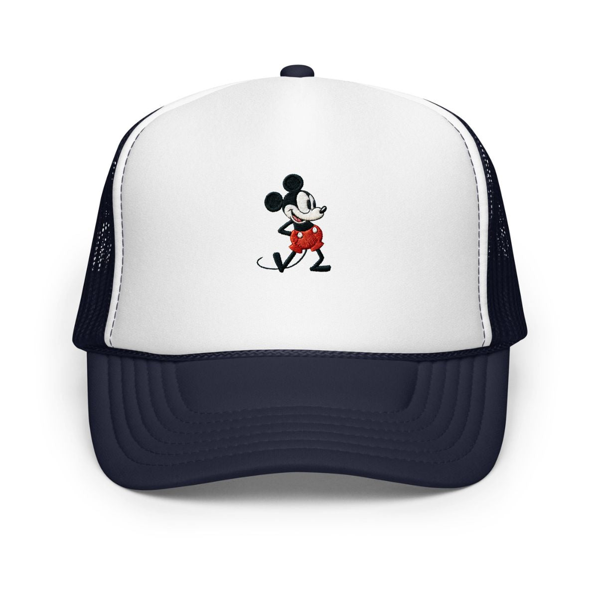 Navy and white foam trucker hat with a 1928 Mickey Mouse cartoon character embroidered on it.