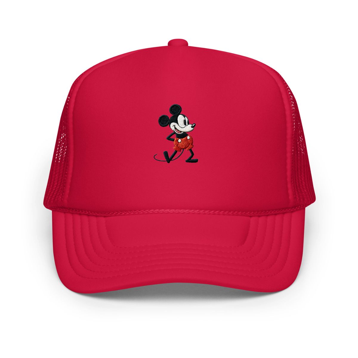Red foam trucker hat with a 1928 Mickey Mouse cartoon character embroidered on it.
