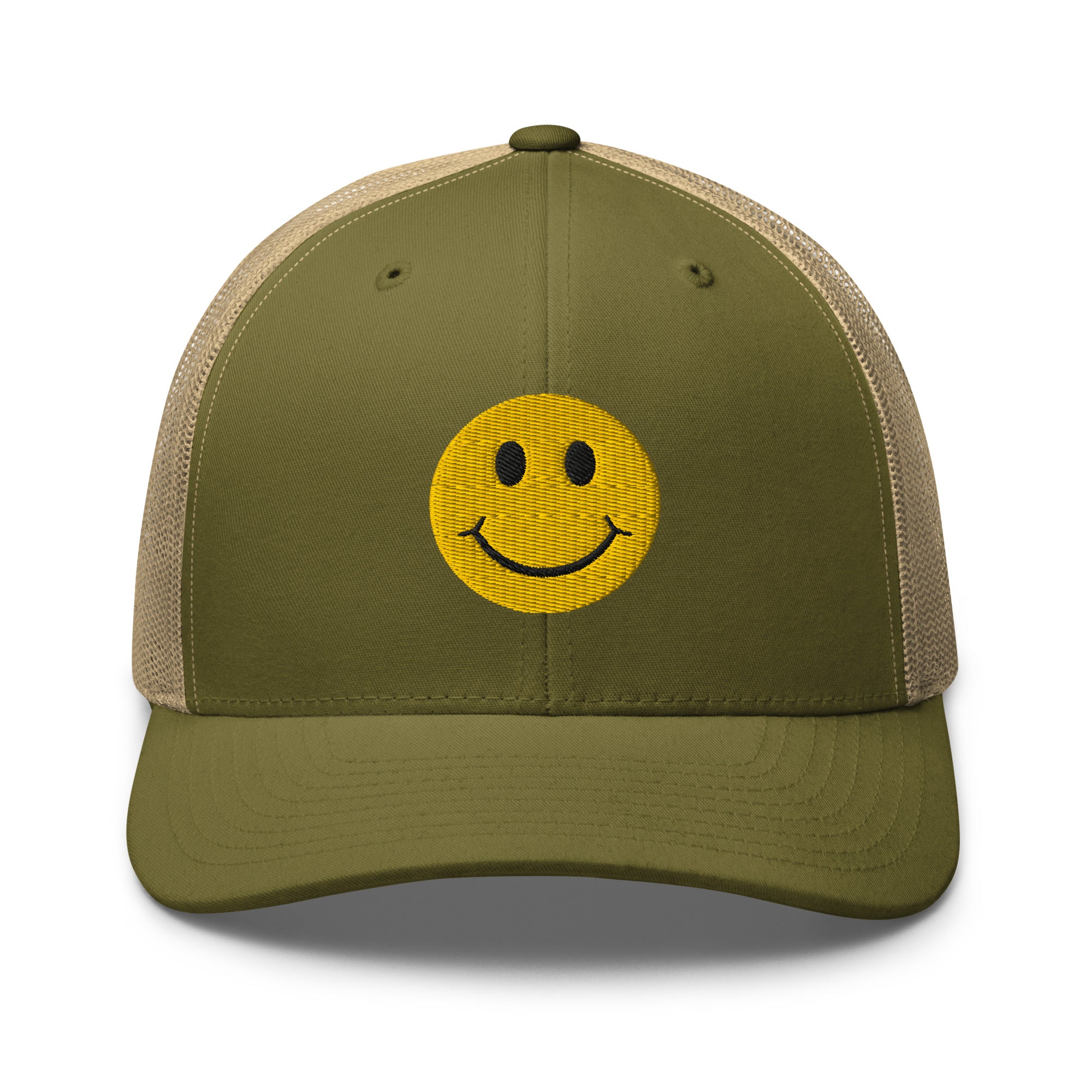 Moss smiley face embroidered trucker hat with adjustable mesh back, perfect for casual wear and streetwear style.