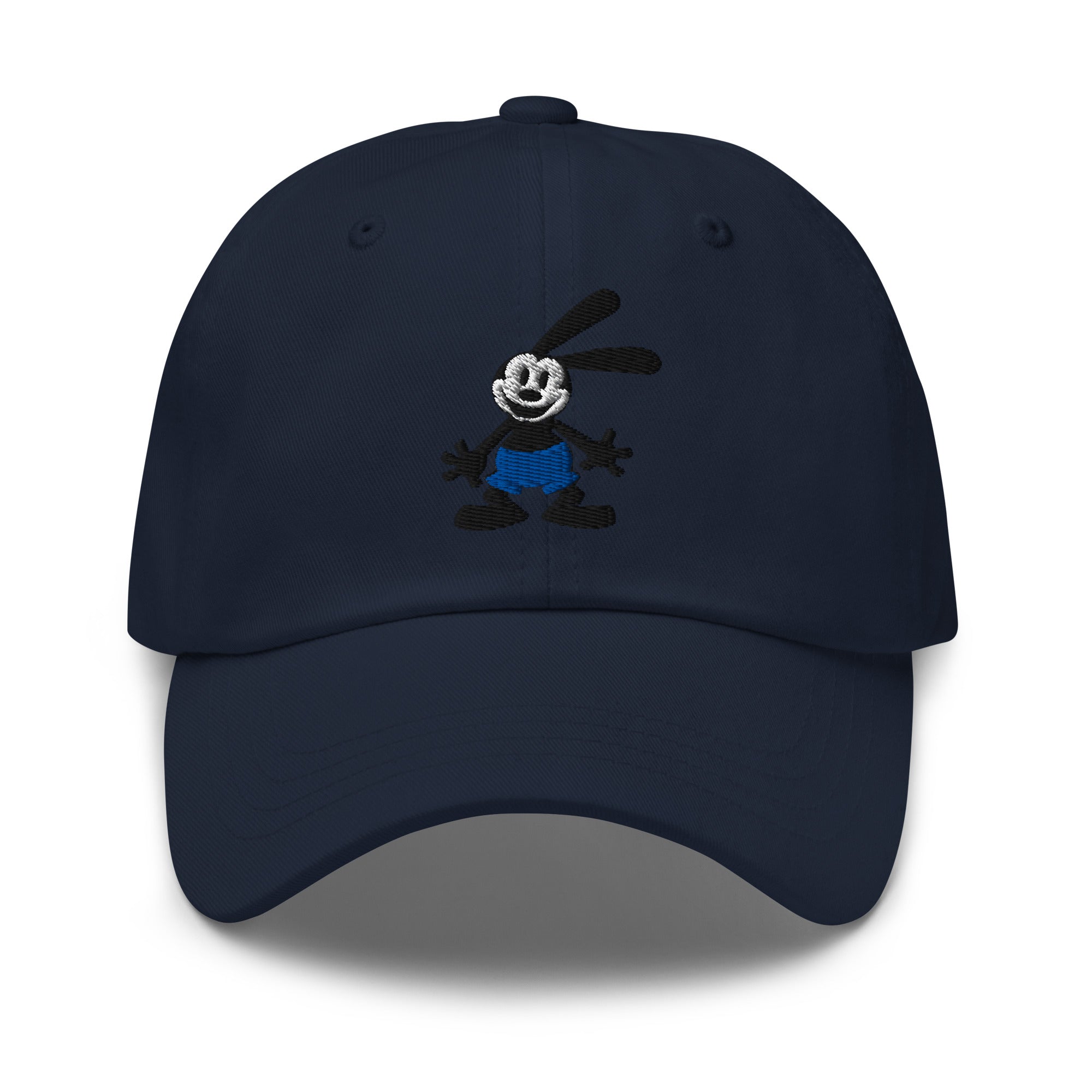 Navy blue dad hat featuring a 1928 Oswald design from Disney’s early animation era
