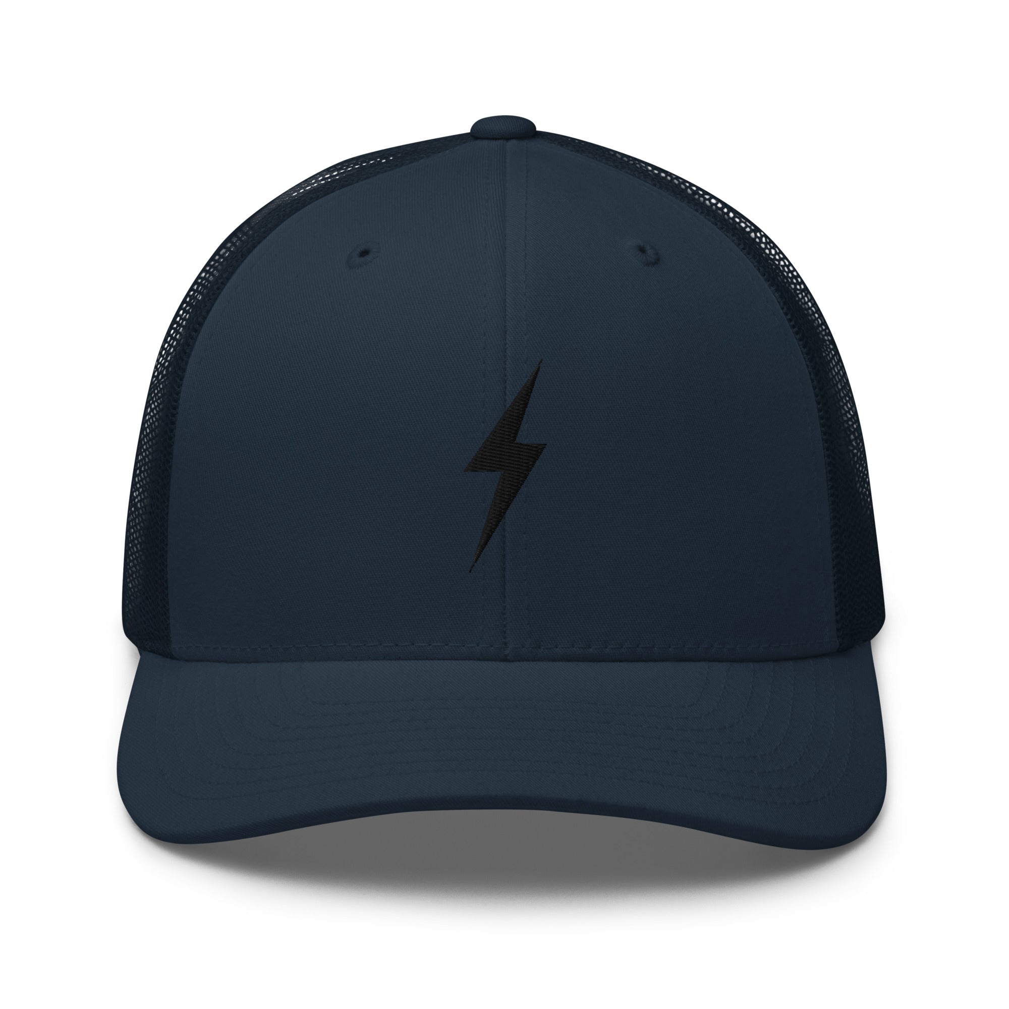 Navy blue trucker hat with a black lightning bolt design on front panel
