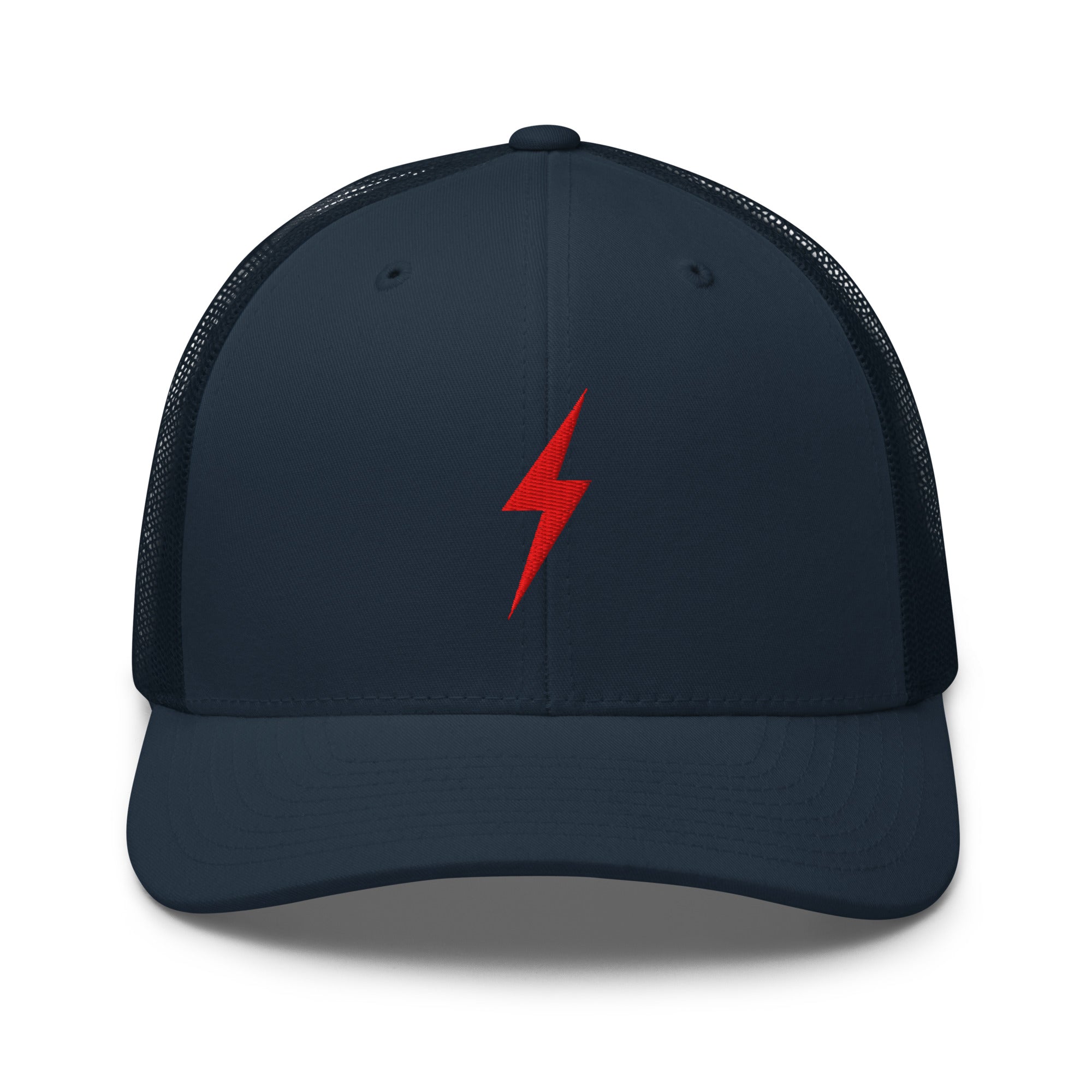 Navy blue trucker hat with an embroidered red lightning bolt design on the front panel