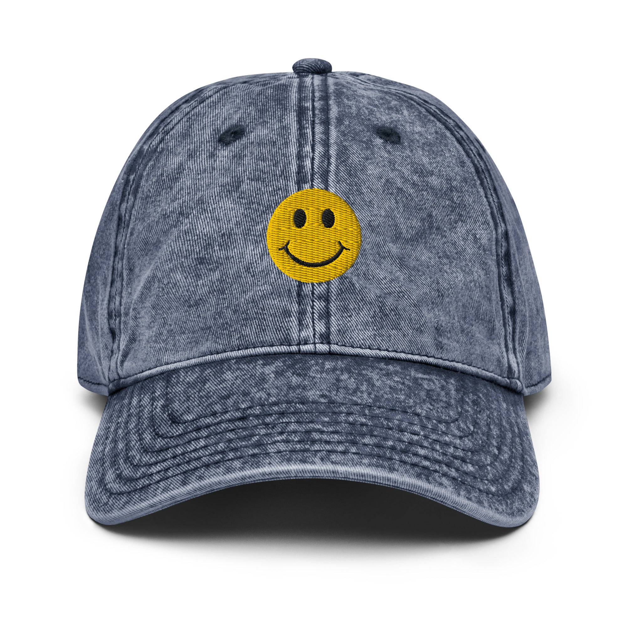 Navy smiley face embroidered baseball cap with adjustable fit, washed-out design for everyday wear and street style.