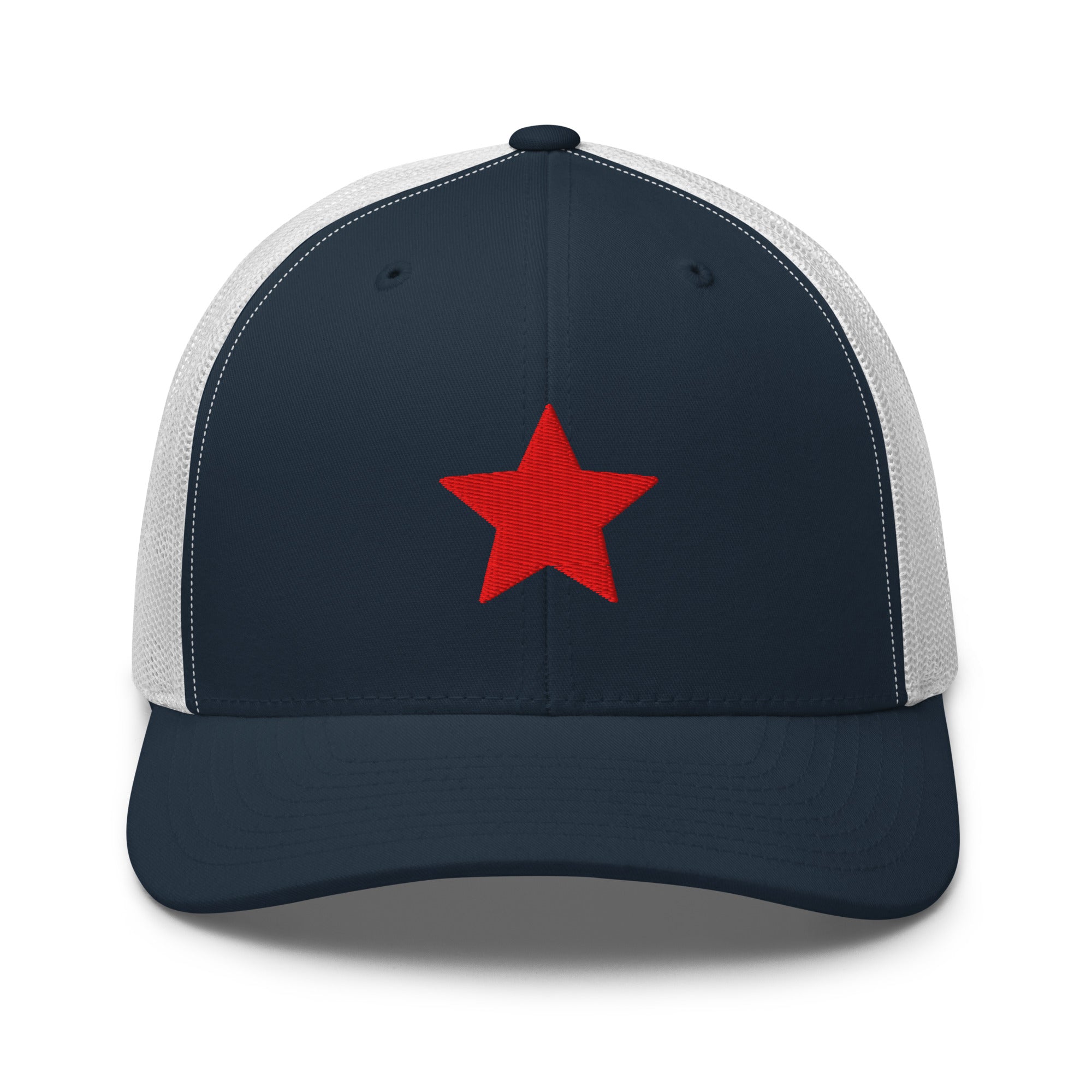 Navy and white truckers hat with an embroidered red star, structured front, mesh back, and adjustable fit by Kicks Shoelaces