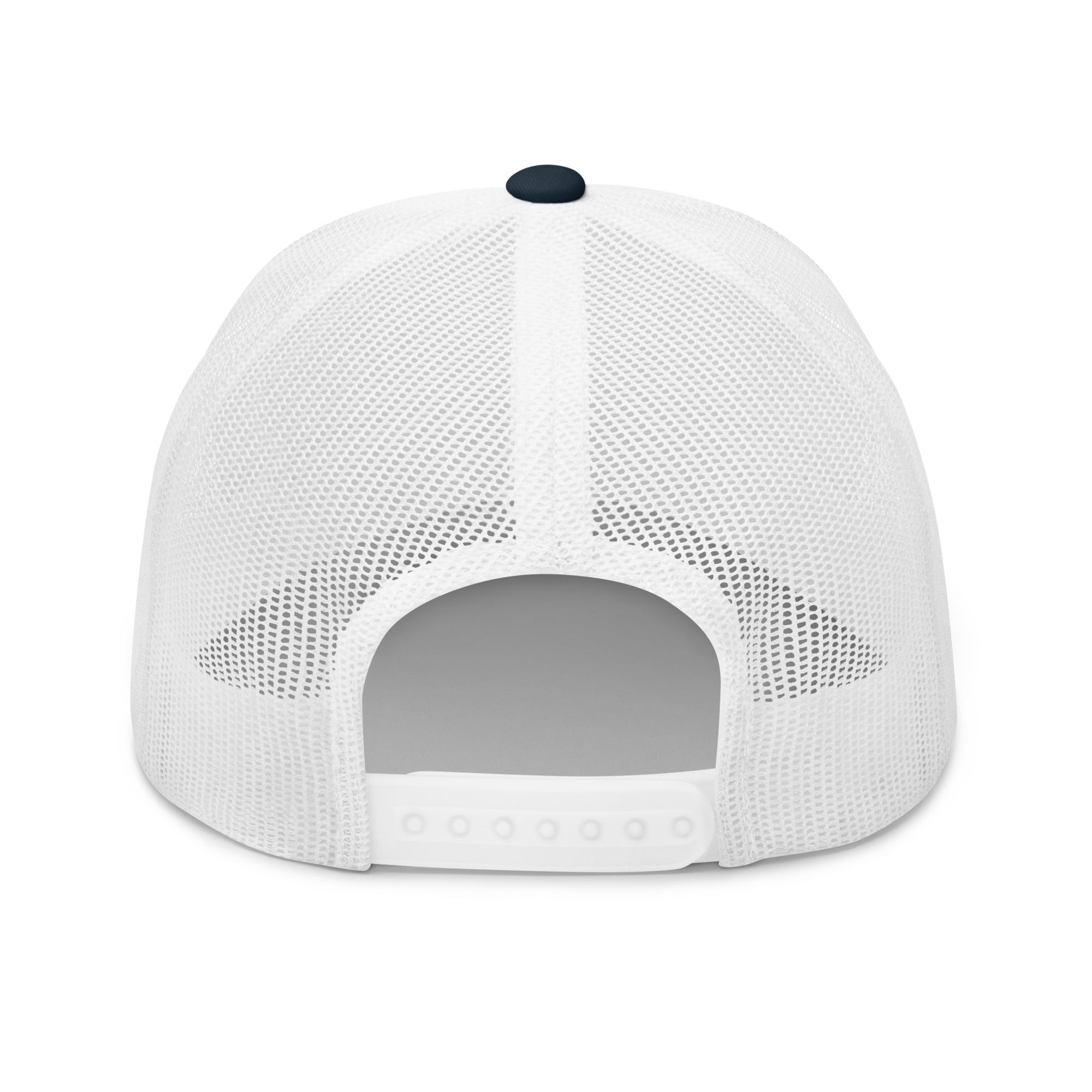 Rear view of navy and white truckers hat with adjustable snapback closure