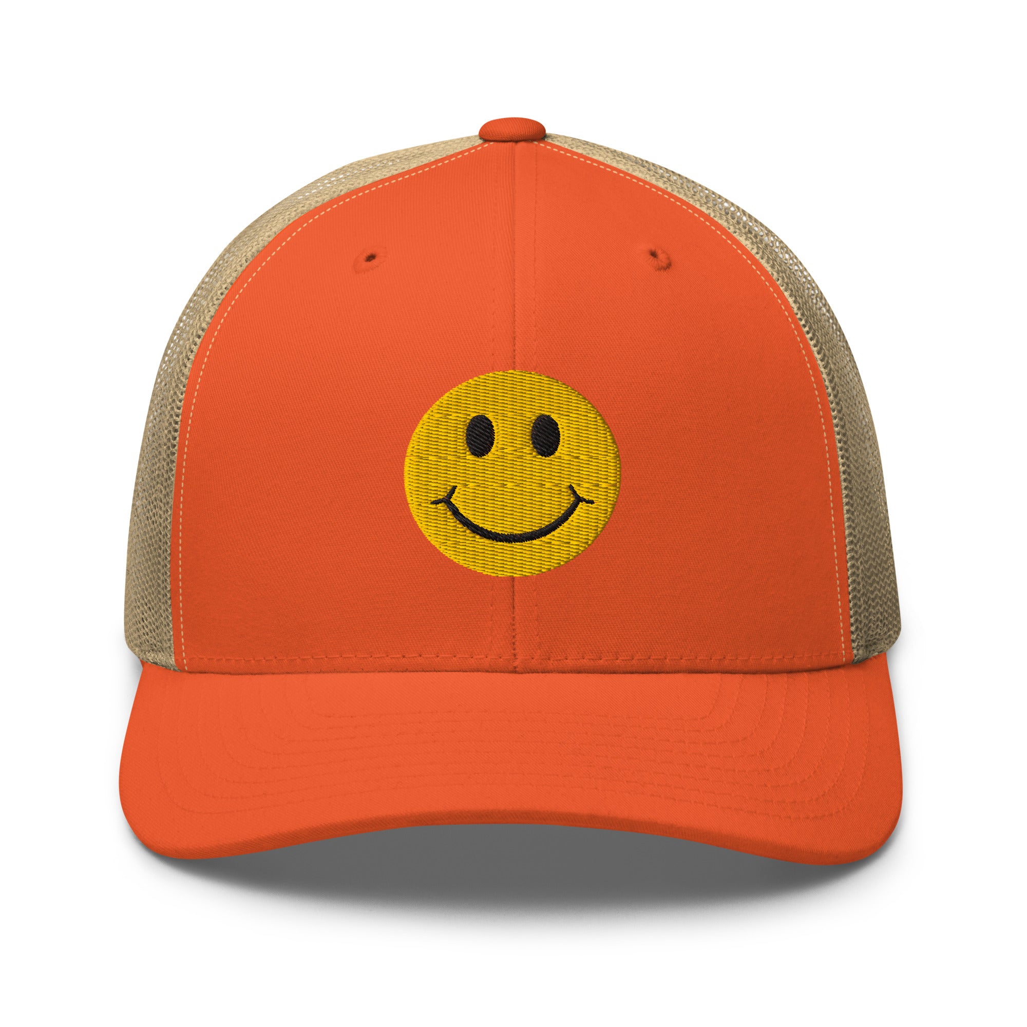 Orange smiley face embroidered trucker hat with adjustable mesh back, perfect for casual wear and streetwear style.