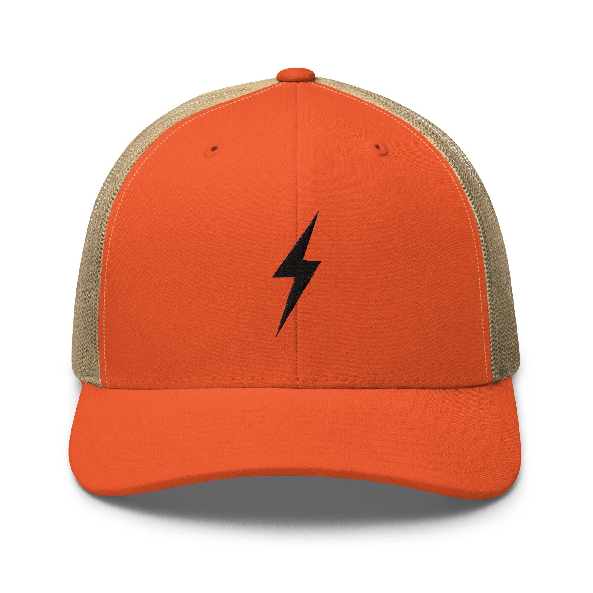 Orange trucker hat with a black lightning bolt design on front panel