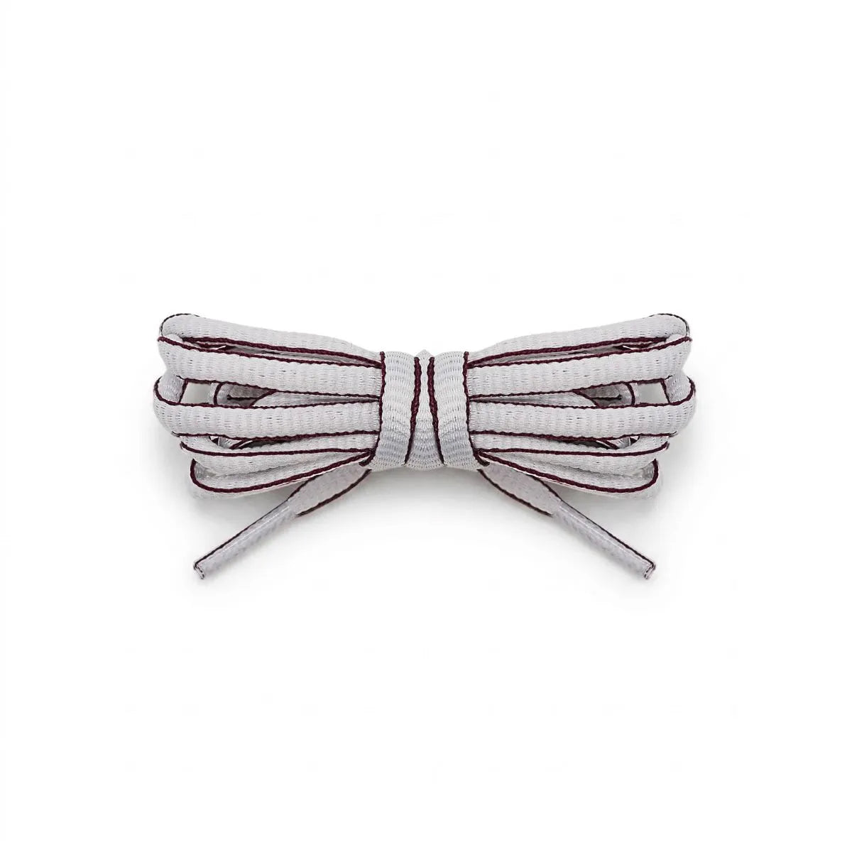 A pair of white shoelaces with a thin burgundy stripe, neatly tied in a bow on a clean white background.