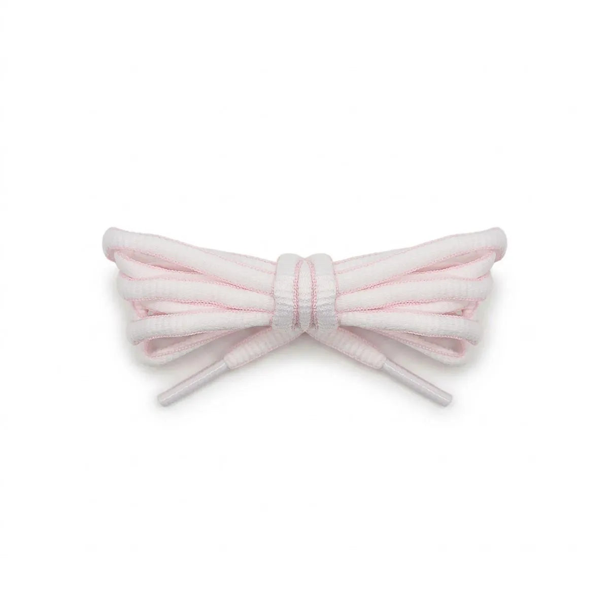 A pair of white shoelaces with a pink trim tied in a neat bow, displayed on a clean white background.