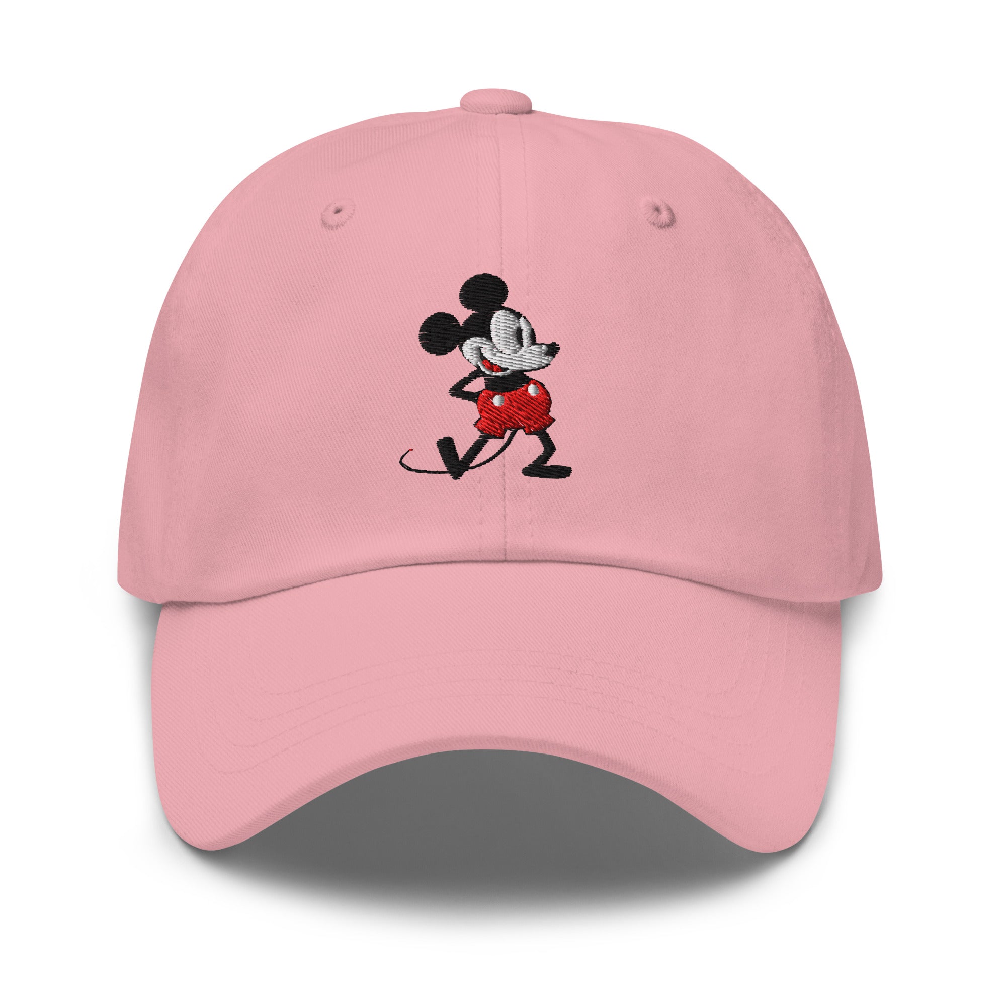 Pink dad hat with a 1928 Mickey Mouse embroidered cartoon character.