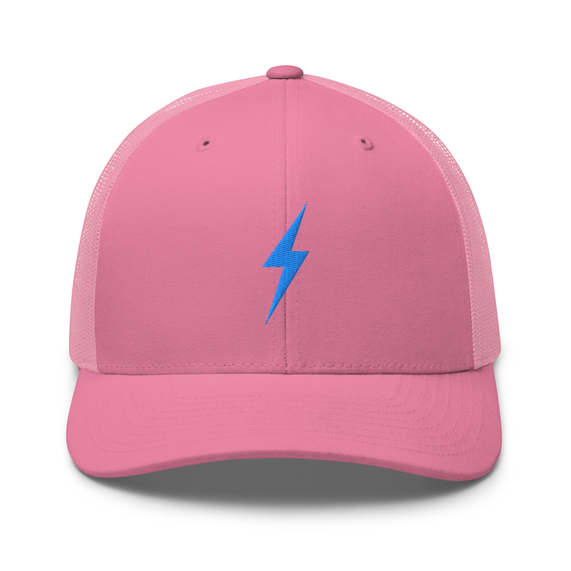 Pink trucker hat with a sky blue lightning bolt design on front panel