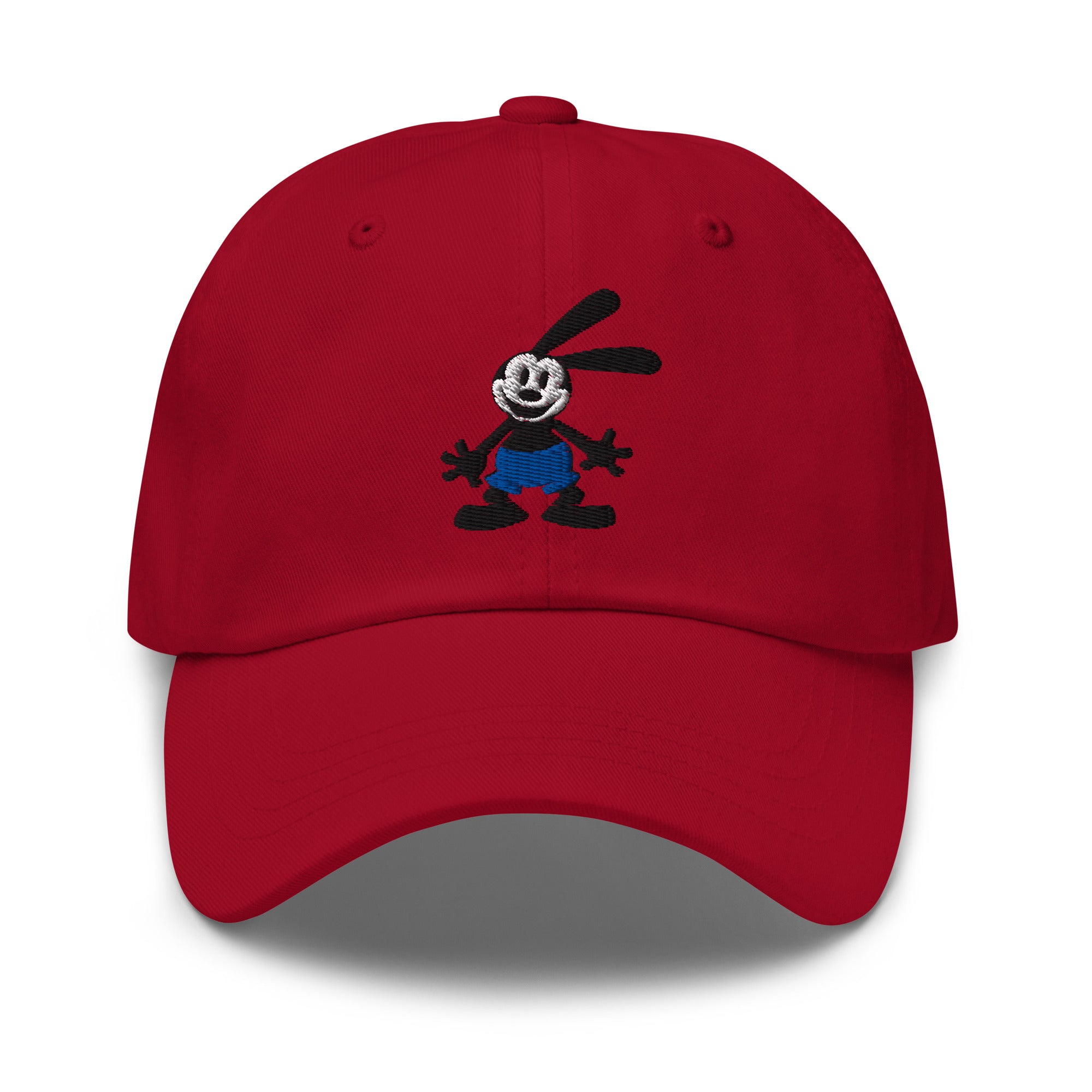 Red dad hat featuring a 1928 Oswald design from Disney’s early animation era